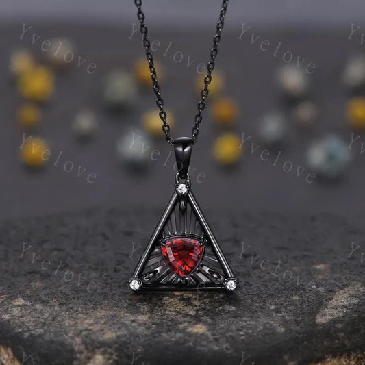Gothic triangle cut garnet pendant black gold unique trillion shape red garnet engagement necklace women retro wedding necklace gift
