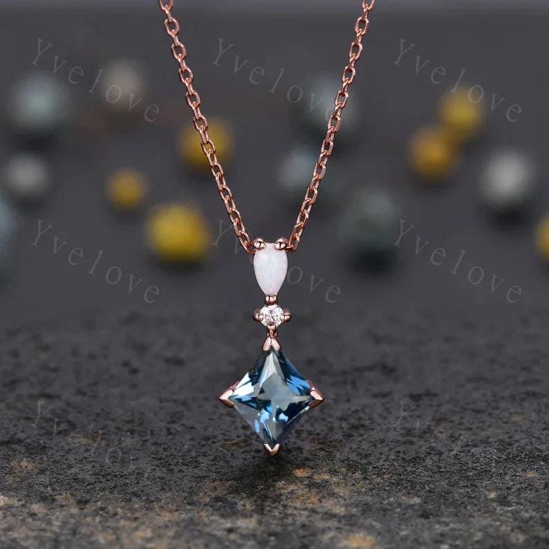 Vintage unique lozenge moissanite necklace solid 14k rose gold opal diamond personalized pendant for women anniversary bridal gift for her