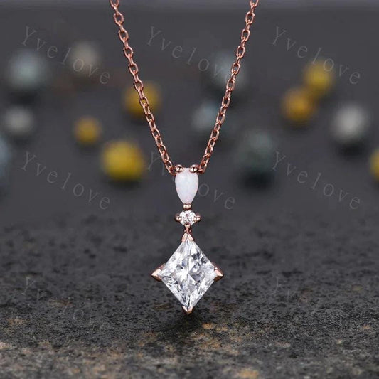 Vintage unique lozenge moissanite necklace solid 14k rose gold opal diamond personalized pendant for women anniversary bridal gift for her