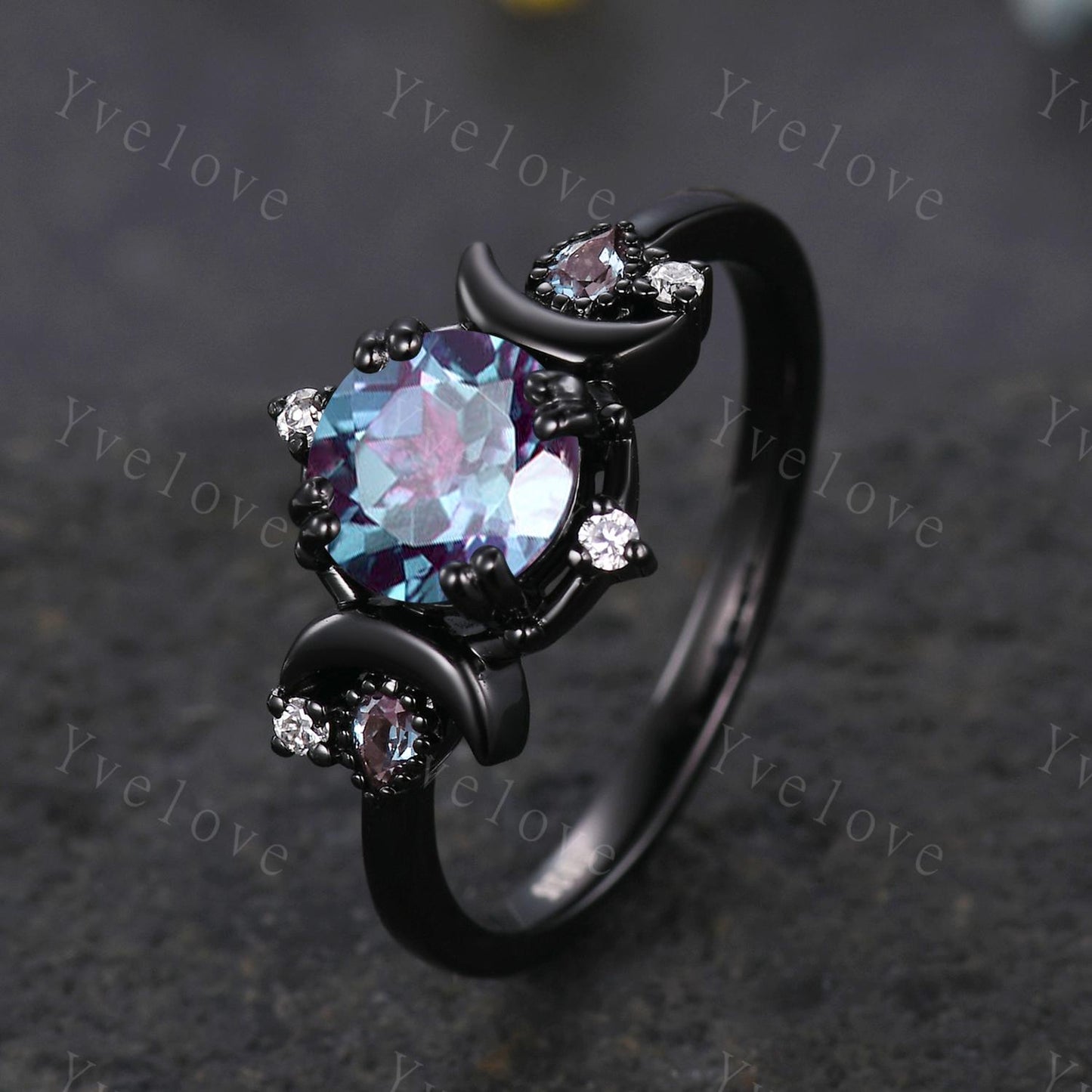 Round alexandrite ring gothic cluster ring black gold unique engagement ring retro moon star diamond promise wedding ring celestial gift