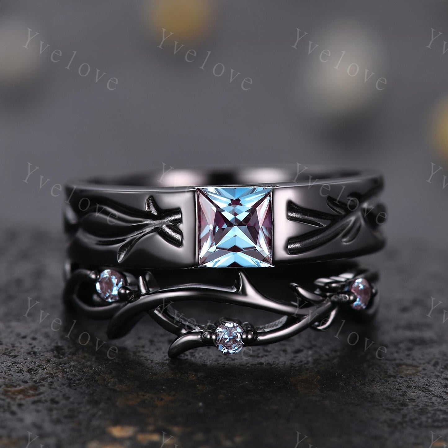 Couples ring set Alexandrdite ring twig ring for men and women His and Hers wedding band Black Stacking Matching Band Retro Vintage Gift
