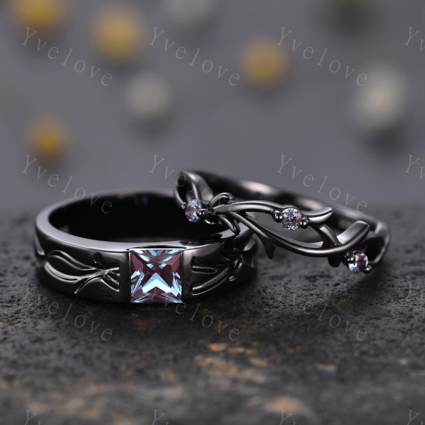 Couples ring set Alexandrdite ring twig ring for men and women His and Hers wedding band Black Stacking Matching Band Retro Vintage Gift