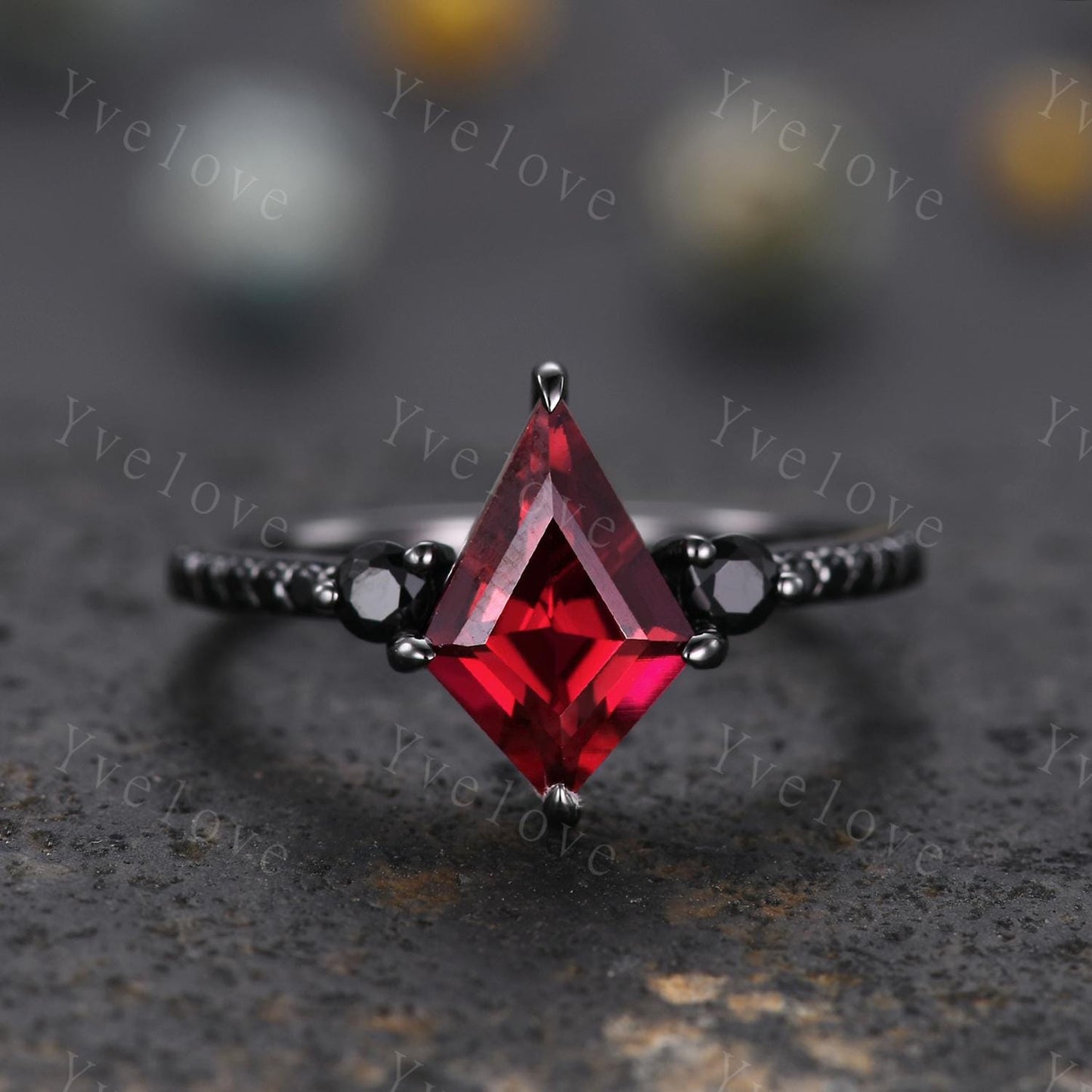 Retro Kite Red Garnet Engagement Ring Set Cluster Twig Leaf Black Silver Band,Unique Black Spinel Diamond Promise Ring Set Anniversary Gift