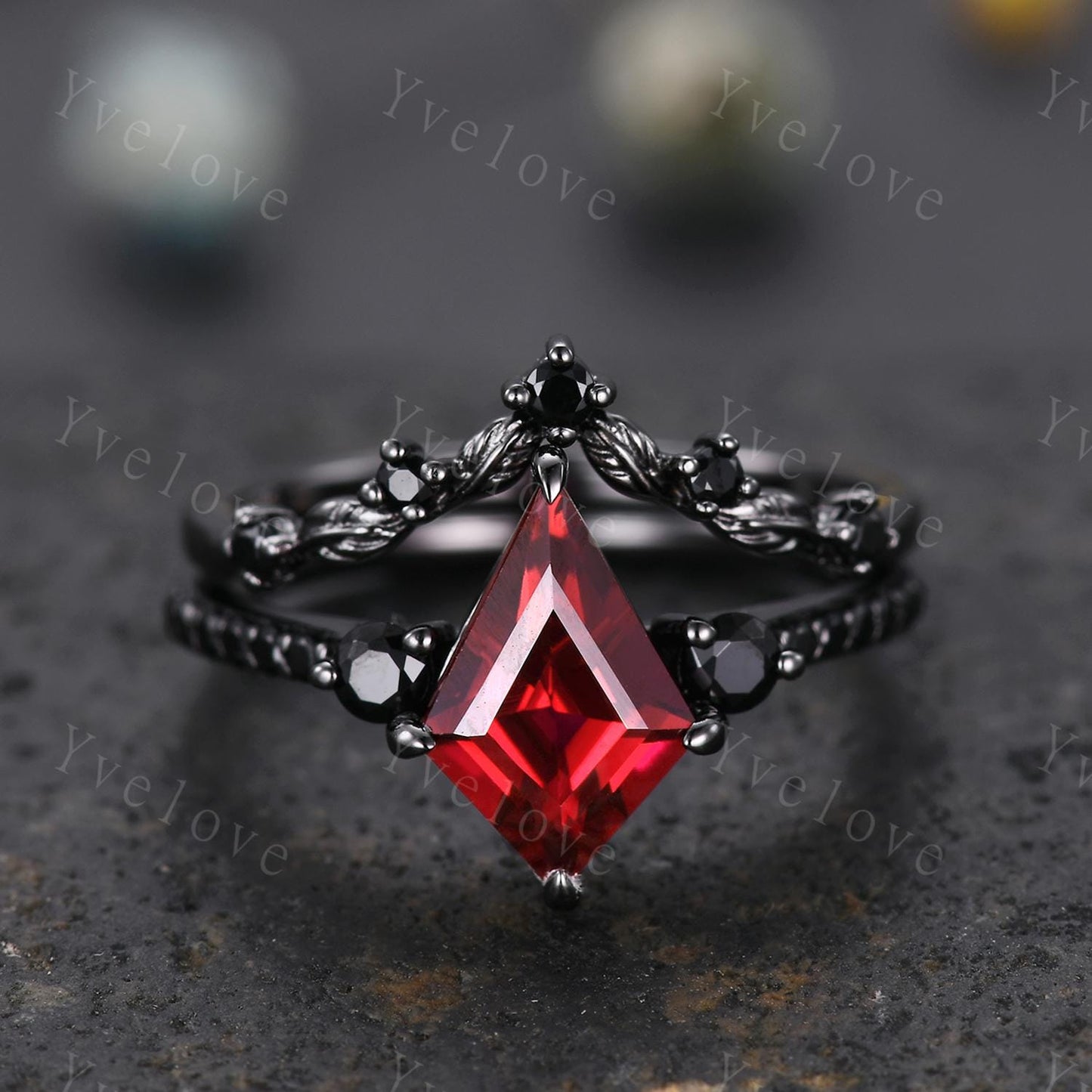 Retro Kite Red Garnet Engagement Ring Set Cluster Twig Leaf Black Silver Band,Unique Black Spinel Diamond Promise Ring Set Anniversary Gift