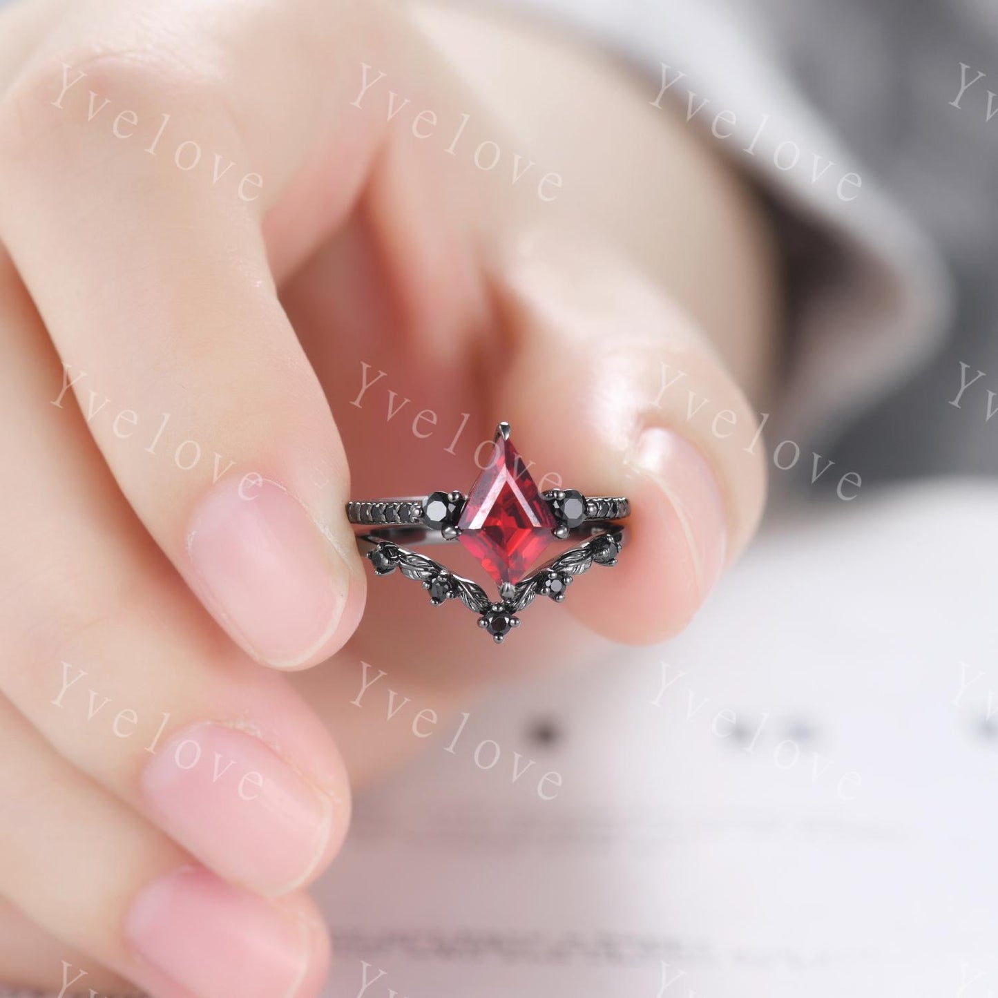 Retro Kite Red Garnet Engagement Ring Set Cluster Twig Leaf Black Silver Band,Unique Black Spinel Diamond Promise Ring Set Anniversary Gift