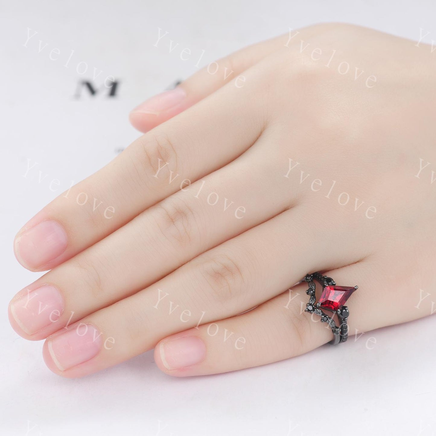 Retro Kite Red Garnet Engagement Ring Set Cluster Twig Leaf Black Silver Band,Unique Black Spinel Diamond Promise Ring Set Anniversary Gift