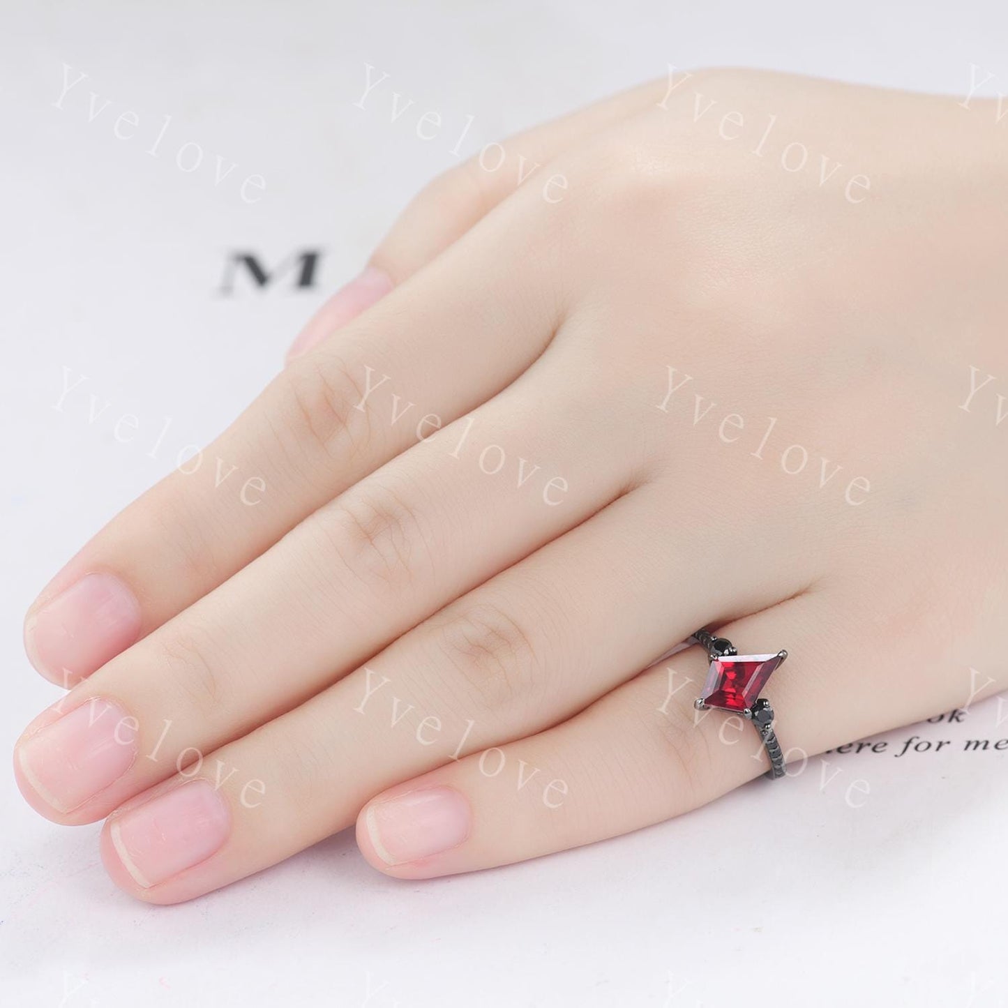 Retro Kite Red Garnet Engagement Ring Set Cluster Twig Leaf Black Silver Band,Unique Black Spinel Diamond Promise Ring Set Anniversary Gift