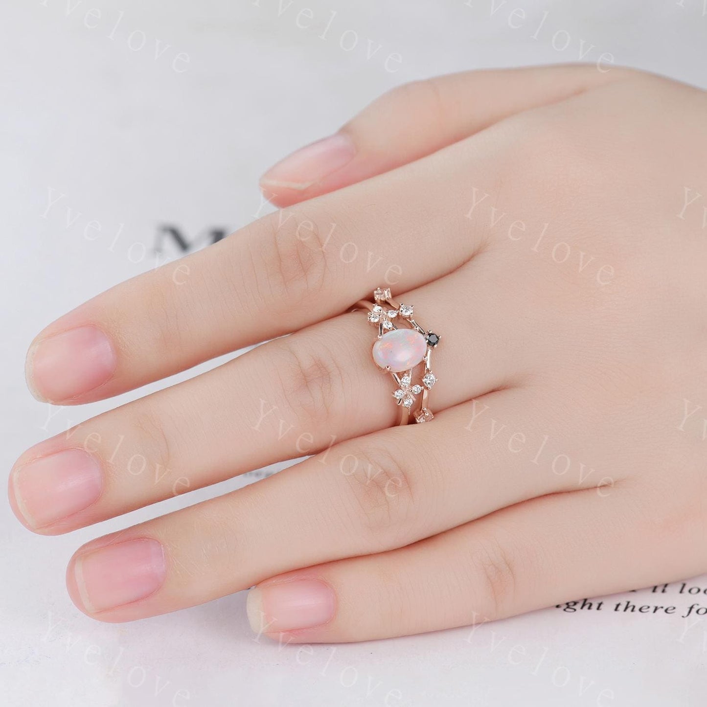 Natural Opal Engagement Ring Set,White Fire Opal,Oval Opal Bridal Set,Black Diamond Stacking Band,Cluster Women 14K Rose Gold Ring,Handmade