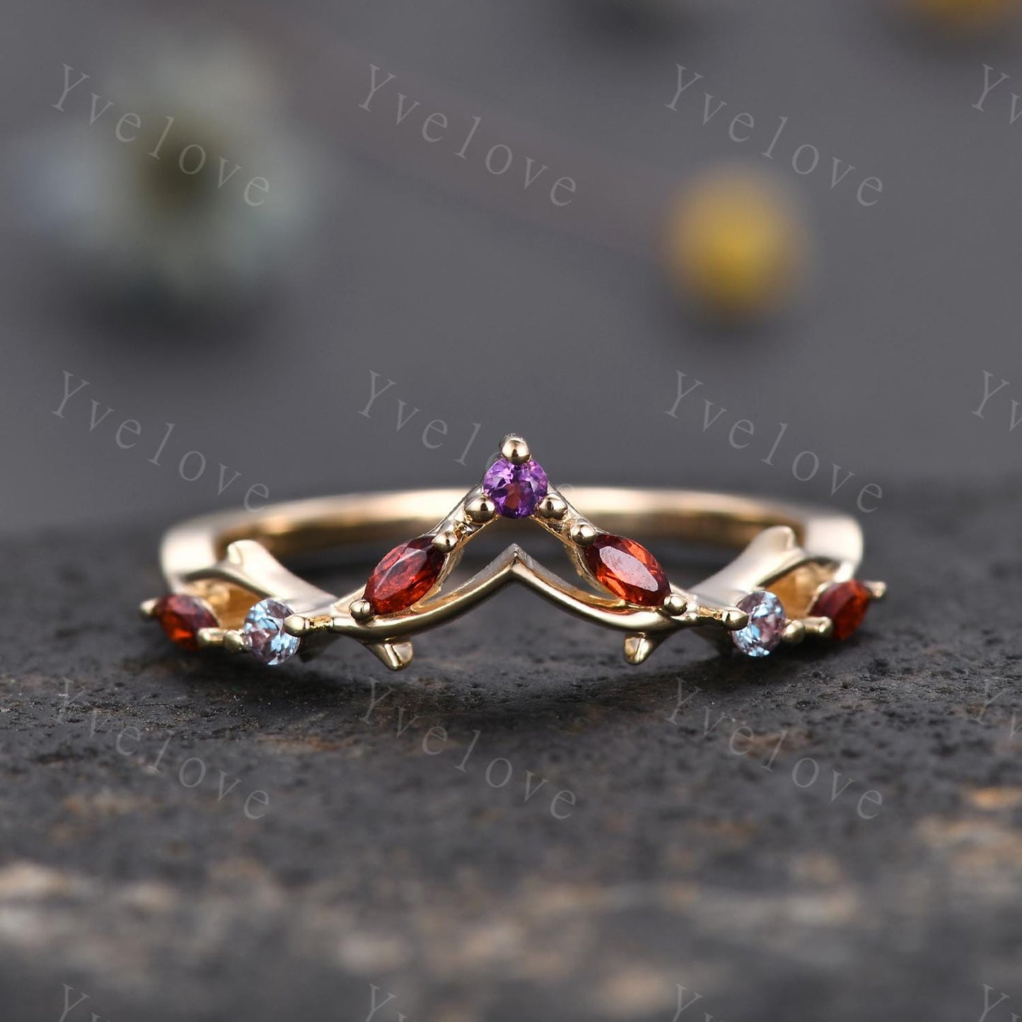 Antique Amethyst Garnet wedding band Alexandrite Ring,Women Twig Matching Band,Art Deco V Curved Branch Wedding Band,Black Gold Ring,Custom