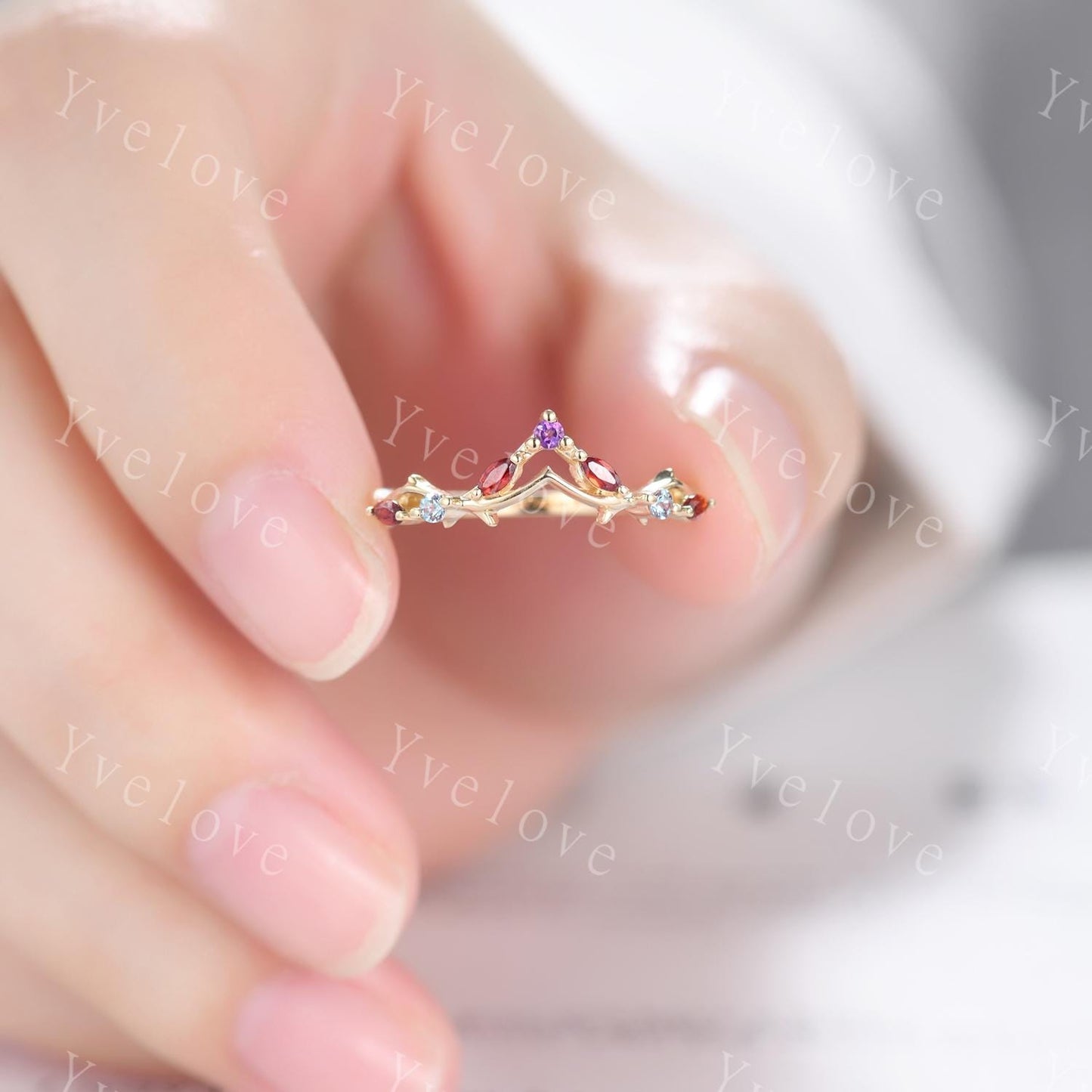 Antique Amethyst Garnet wedding band Alexandrite Ring,Women Twig Matching Band,Art Deco V Curved Branch Wedding Band,Black Gold Ring,Custom