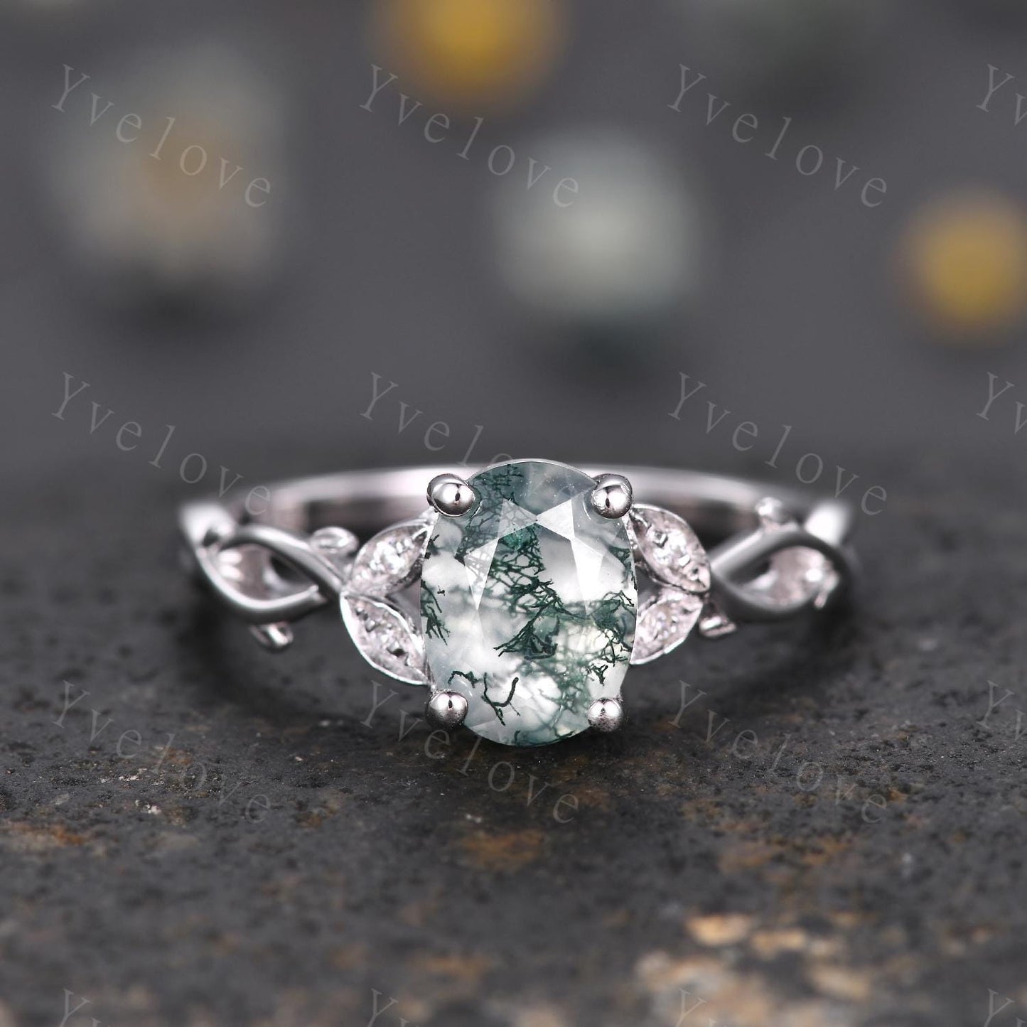 Dainty Oval Natural Moss Agate S925 Sterling Silver Engagement Ring Art Deco Vintage Nature Inspired Leaf Ring Cluster Wedding Anniversary