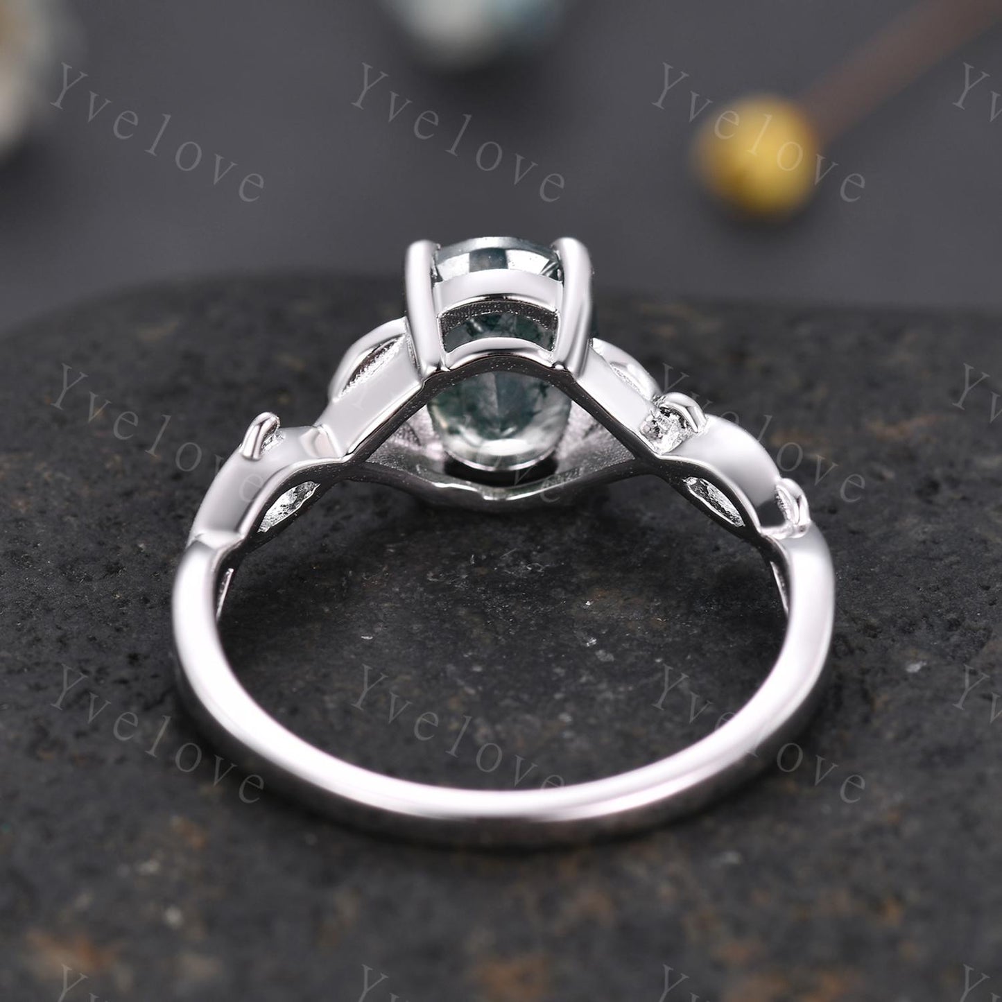 Dainty Oval Natural Moss Agate S925 Sterling Silver Engagement Ring Art Deco Vintage Nature Inspired Leaf Ring Cluster Wedding Anniversary