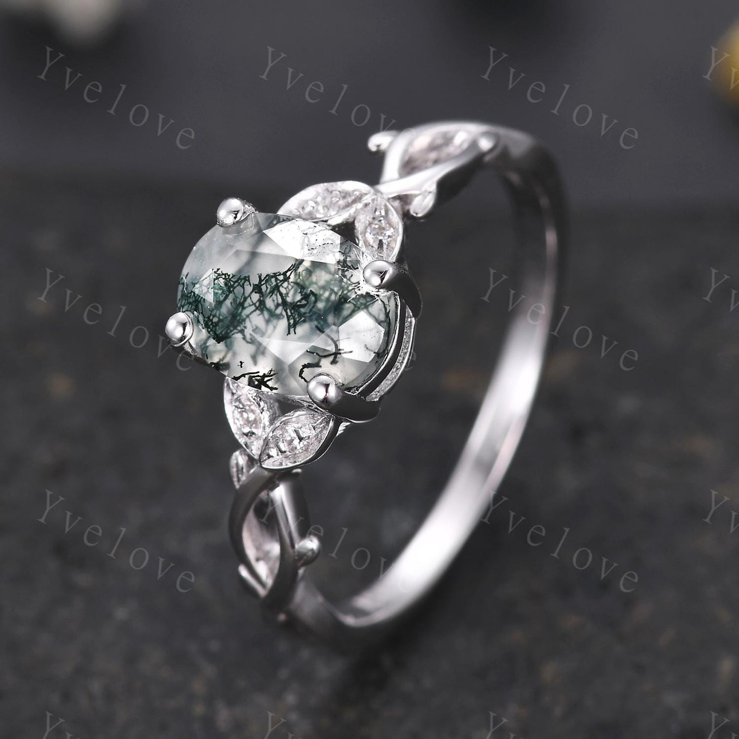 Dainty Oval Natural Moss Agate S925 Sterling Silver Engagement Ring Art Deco Vintage Nature Inspired Leaf Ring Cluster Wedding Anniversary