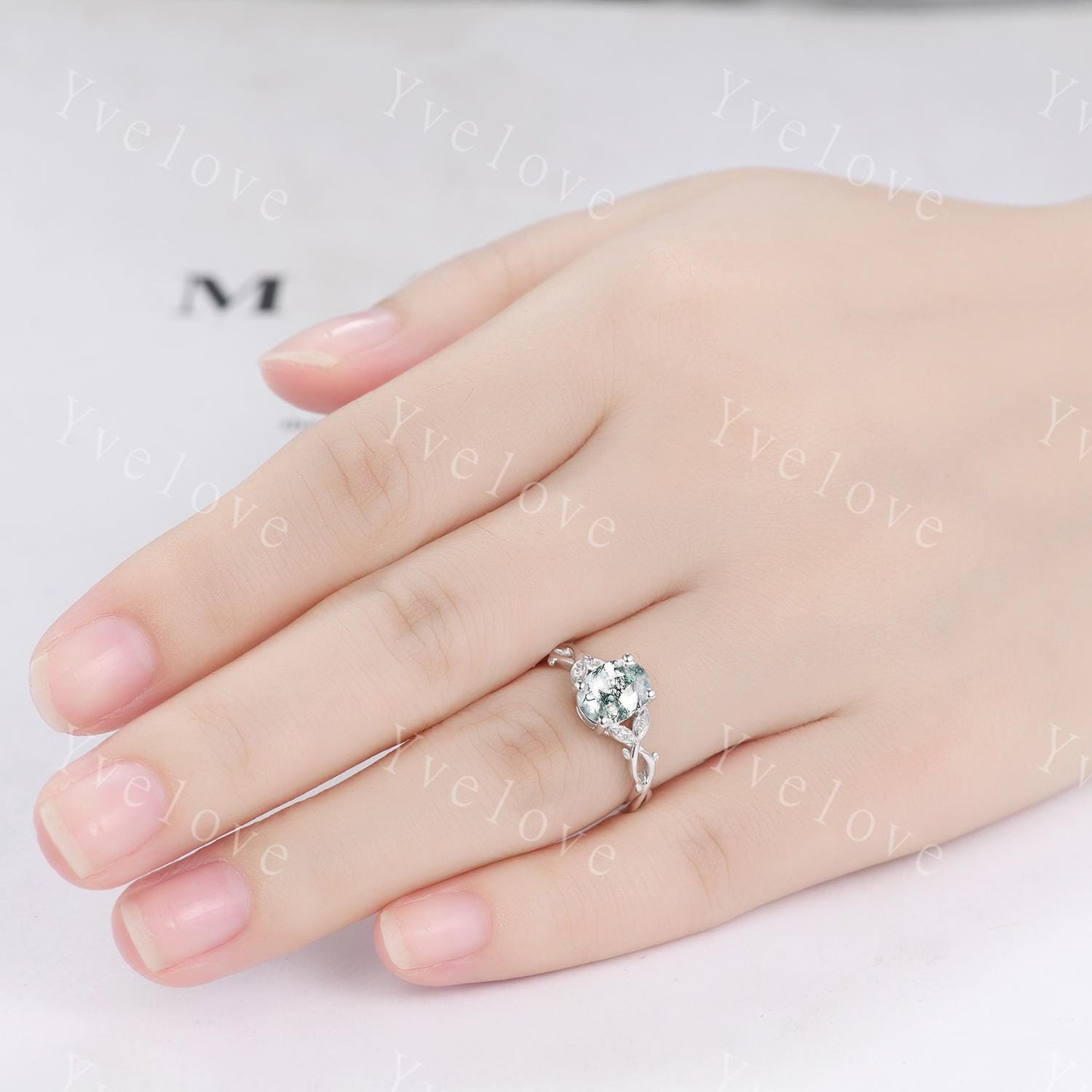 Dainty Oval Natural Moss Agate S925 Sterling Silver Engagement Ring Art Deco Vintage Nature Inspired Leaf Ring Cluster Wedding Anniversary