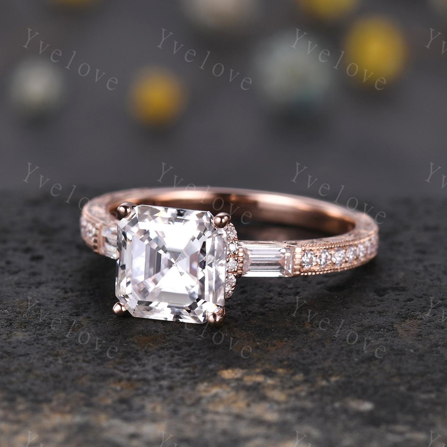 Asscher cut moissanite engagement ring art deco baguette diamond wedding band 14k rose gold hand carved filigree milgrain ring gift for her