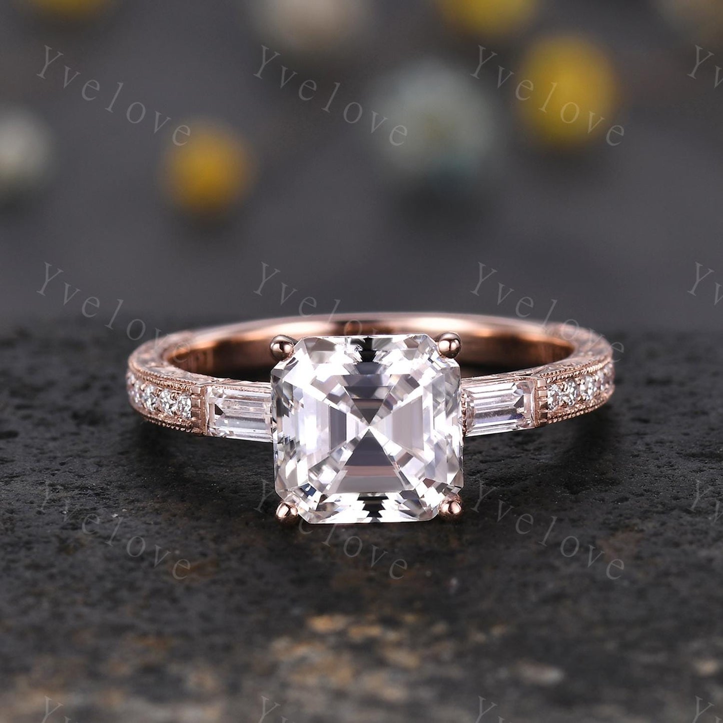 Asscher cut moissanite engagement ring art deco baguette diamond wedding band 14k rose gold hand carved filigree milgrain ring gift for her