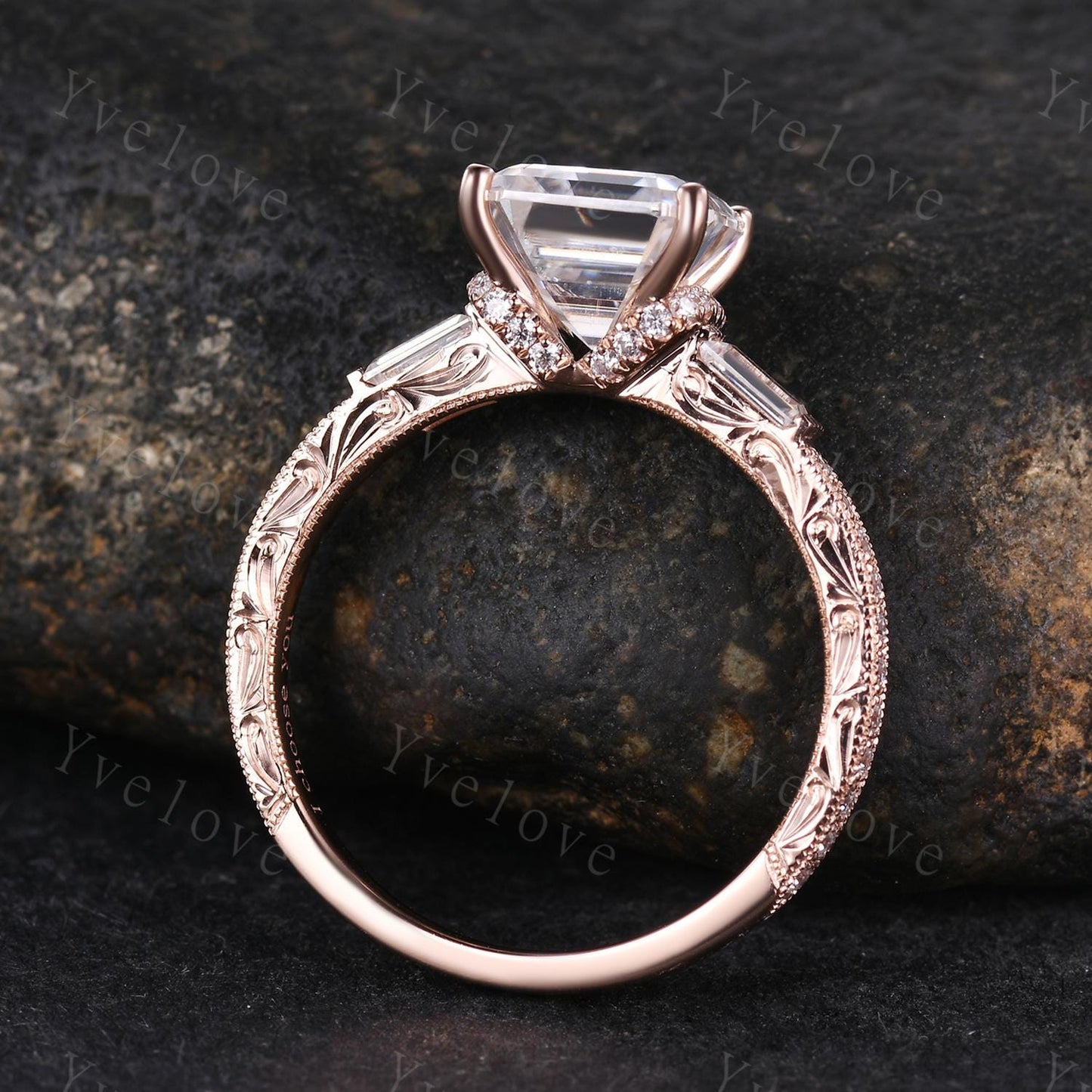 Asscher cut moissanite engagement ring art deco baguette diamond wedding band 14k rose gold hand carved filigree milgrain ring gift for her