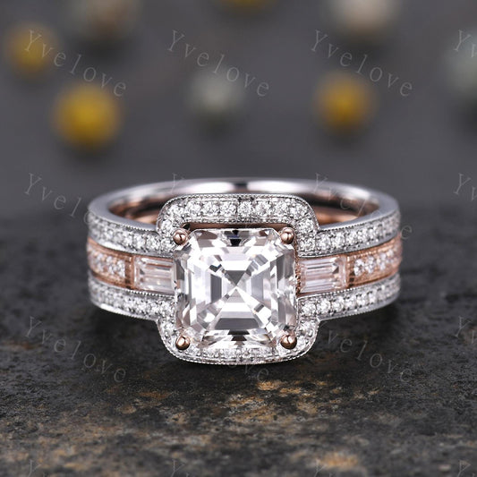 Asscher cut moissanite engagement ring rose gold art deco moissanite wedding band enhancer matching band bridal set anniversary promise ring