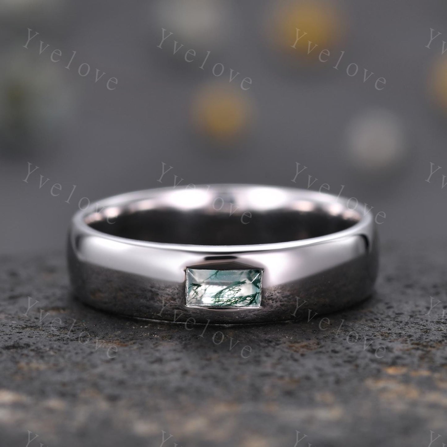 Mens Moss Agate Wedding Band Baguette Cut Natural Agate Band 5mm White Gold Ring Mens Plain Stacking Matching Band Retro Vintage Ring Gift