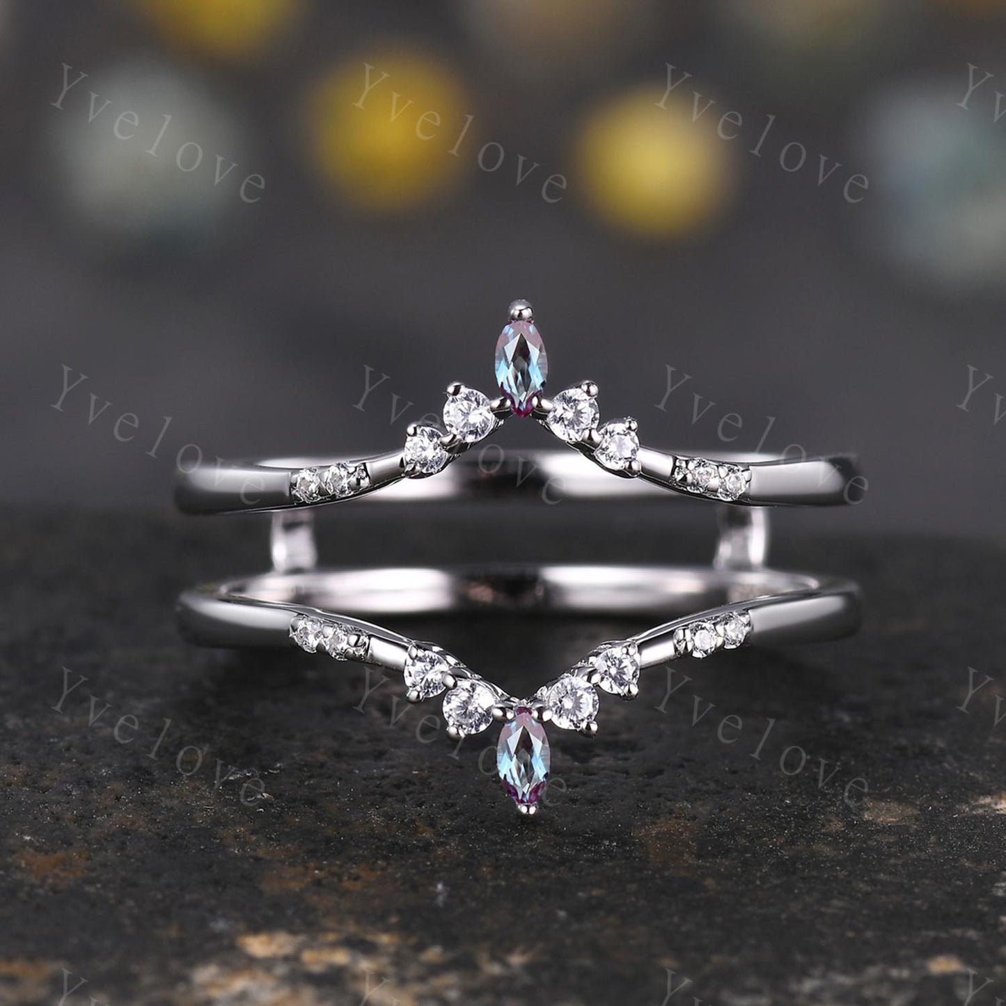 Dainty Alexandrite wedding band V Curved Diamond wedding band Enhancer Band Silver Stacking Matching Band Bridal Promise Anniversary Gift