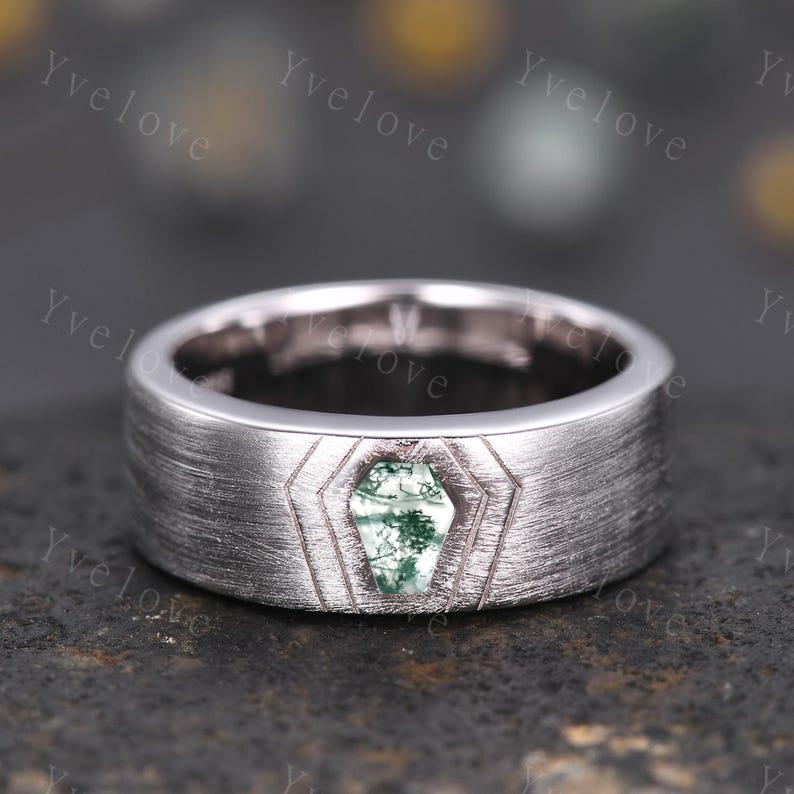 7mm Mens Coffin Cut Moss Agate Wedding Band Green Agate Engagement Ring Brushed Finish Band Mens Stacking Band His Wedding band