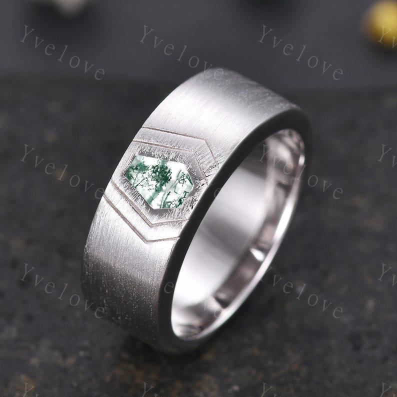 7mm Mens Coffin Cut Moss Agate Wedding Band Green Agate Engagement Ring Brushed Finish Band Mens Stacking Band His Wedding band