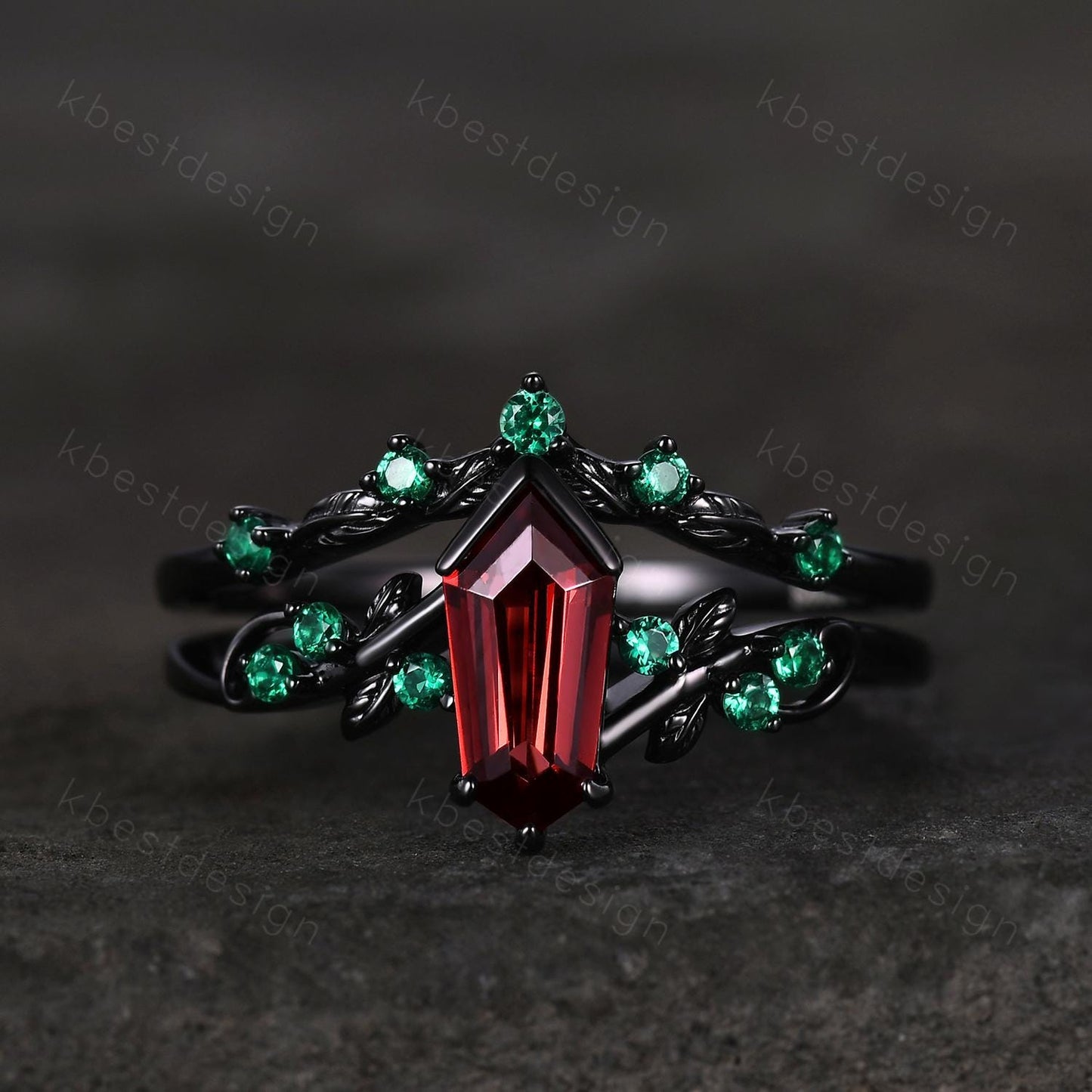Vintage garnet engagement ring set black gold twig leaf emerald ring shield cut ring for women unique art deco bridal wedding ring set