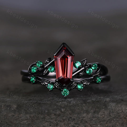 Vintage garnet engagement ring set black gold twig leaf emerald ring shield cut ring for women unique art deco bridal wedding ring set