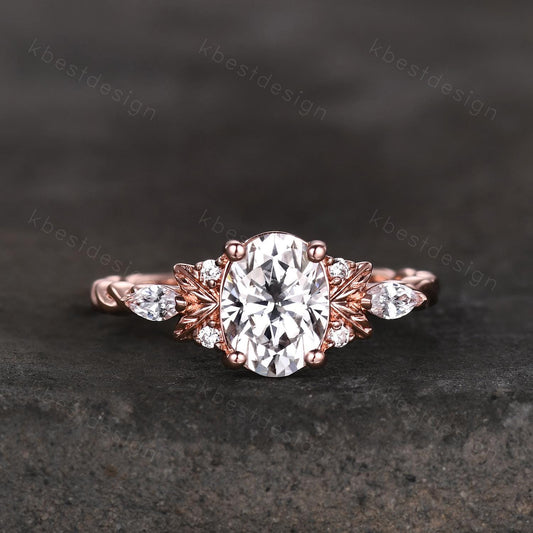 Oval cut Moissanite engagement ring vintage rose gold ring nature inspired ring branch leaf ring Unique twisted band Bridal Promise ring