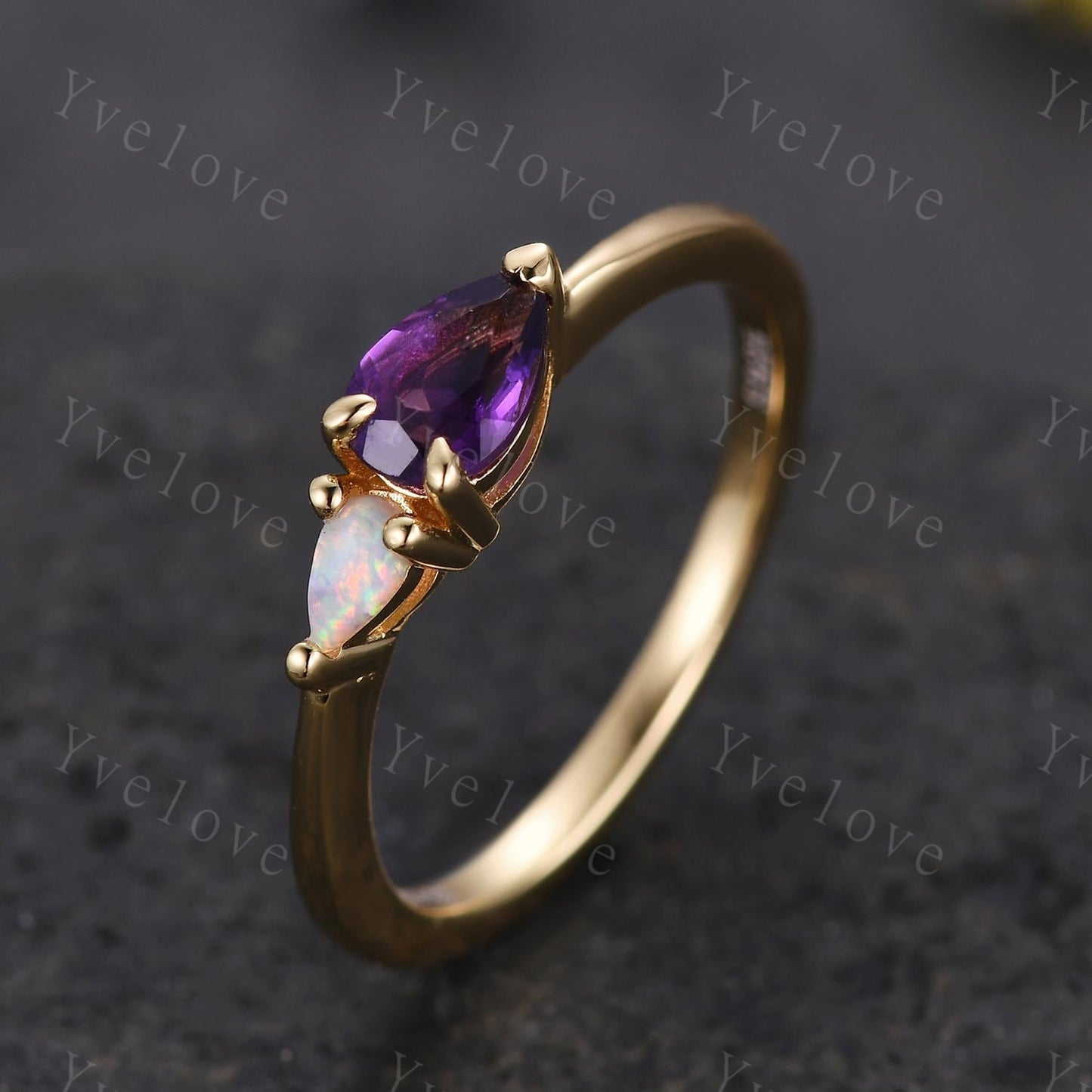 Vintage Amethyst Opal Engagement Ring,Pear Cut Gems,Art Deco Purple Amethyst Wedding Band,Unique Women Bridal Promise Ring,Customized Gift