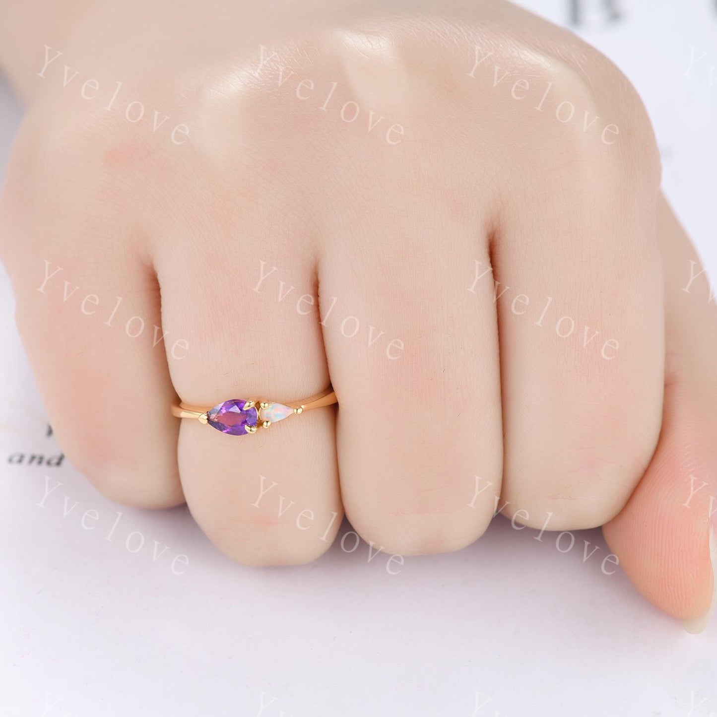 Vintage Amethyst Opal Engagement Ring,Pear Cut Gems,Art Deco Purple Amethyst Wedding Band,Unique Women Bridal Promise Ring,Customized Gift