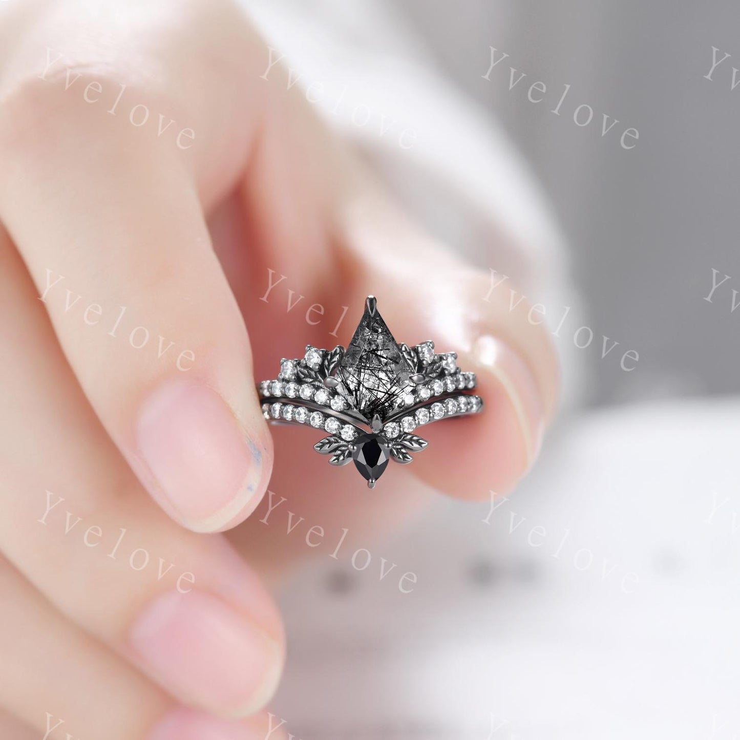 Retro Kite Black Rutilate Quartz Engagement Ring Set,Gothic Leaf Nature Inspired Black Gold Ring,Black Gem Diamond Bridal Ring Gift Custom