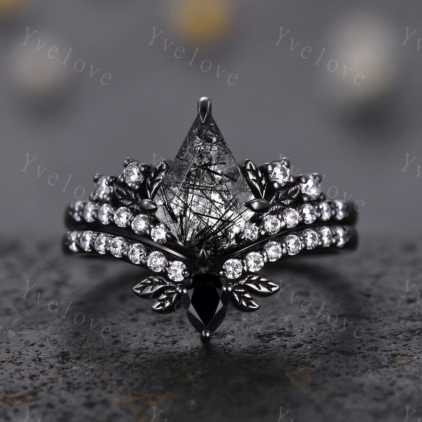 Retro Kite Black Rutilate Quartz Engagement Ring Set,Gothic Leaf Nature Inspired Black Gold Ring,Black Gem Diamond Bridal Ring Gift Custom