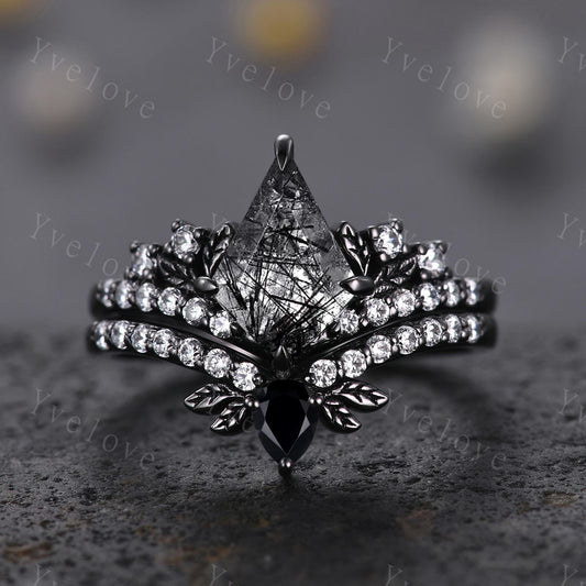 Retro Kite Black Rutilate Quartz Engagement Ring Set,Gothic Leaf Nature Inspired Black Gold Ring,Black Gem Diamond Bridal Ring Gift Custom