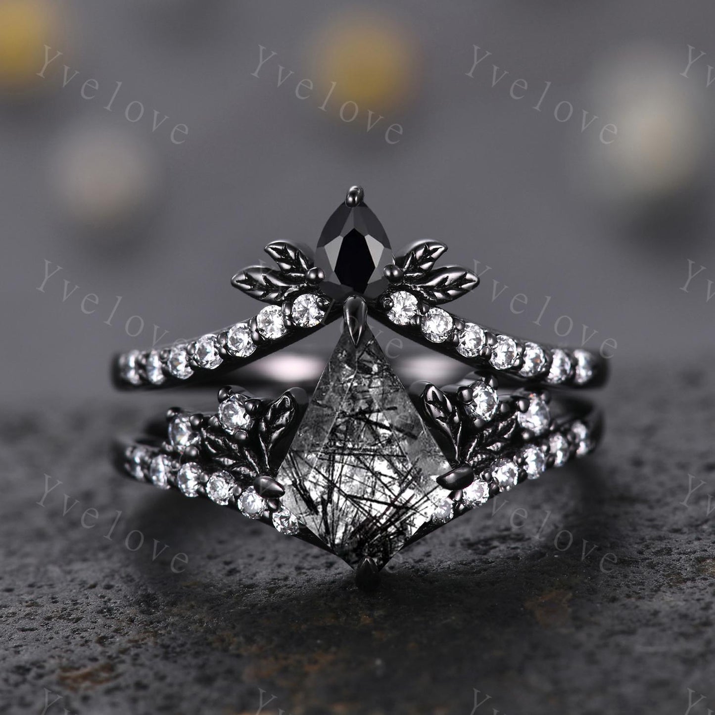 Retro Kite Black Rutilate Quartz Engagement Ring Set,Gothic Leaf Nature Inspired Black Gold Ring,Black Gem Diamond Bridal Ring Gift Custom