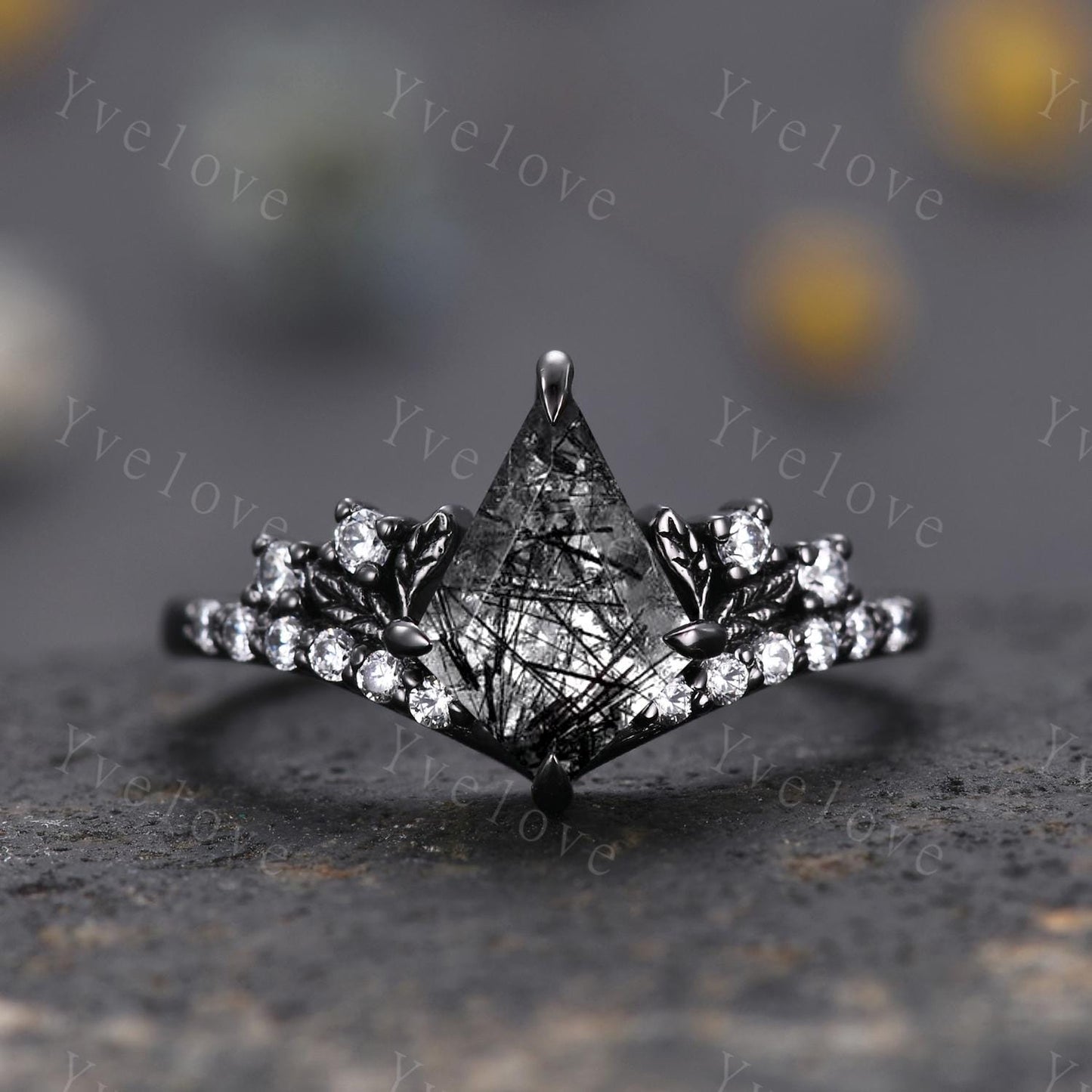 Retro Kite Black Rutilate Quartz Engagement Ring Set,Gothic Leaf Nature Inspired Black Gold Ring,Black Gem Diamond Bridal Ring Gift Custom