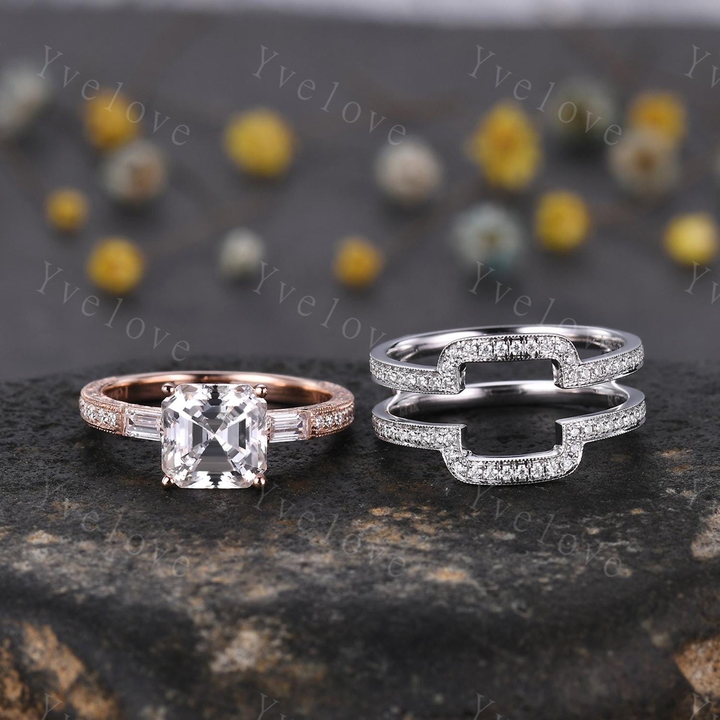 Asscher cut moissanite engagement ring rose gold art deco moissanite wedding band enhancer matching band bridal set anniversary promise ring