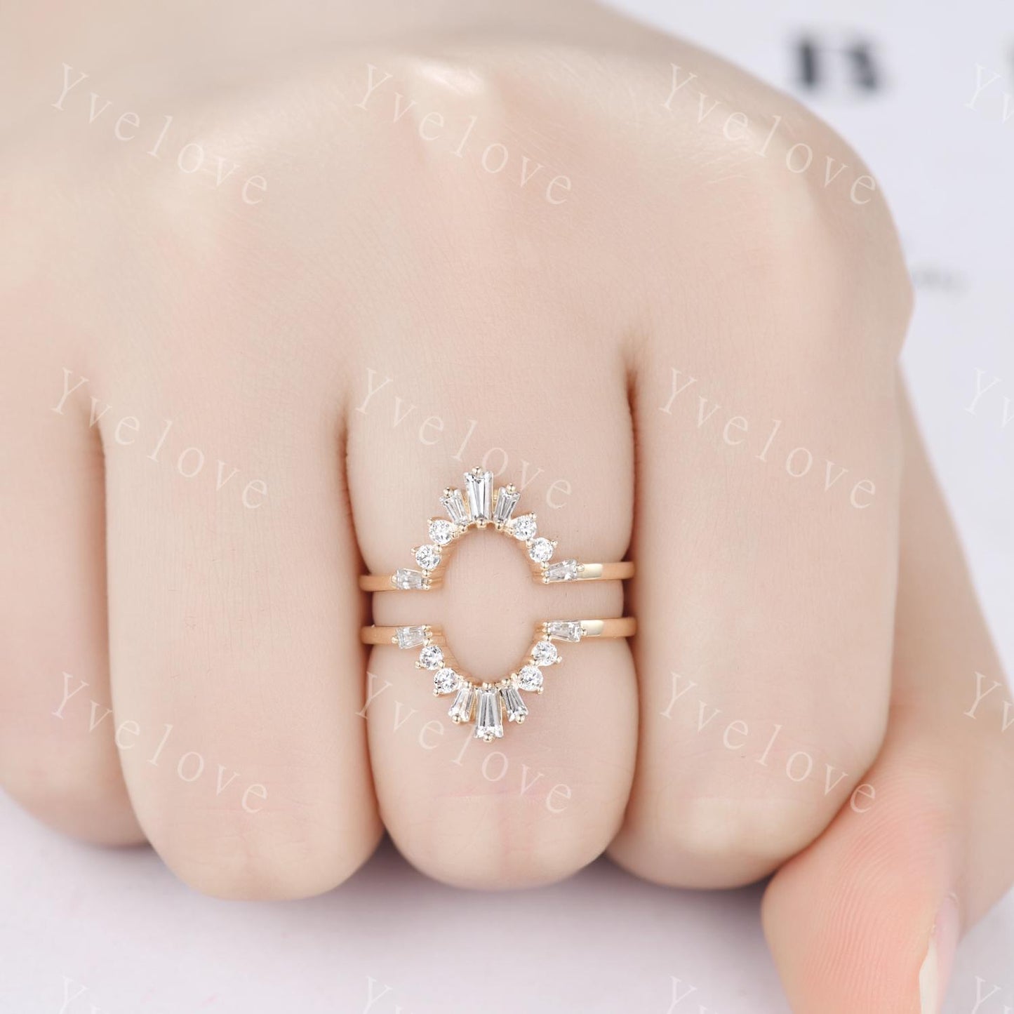 Vintage Baguette Diamond Enhancer Band Solid Gold Diamond Ring Wrap Guard Engagement Ring Jacket Enhance Wedding Ring Promise Gift For Her