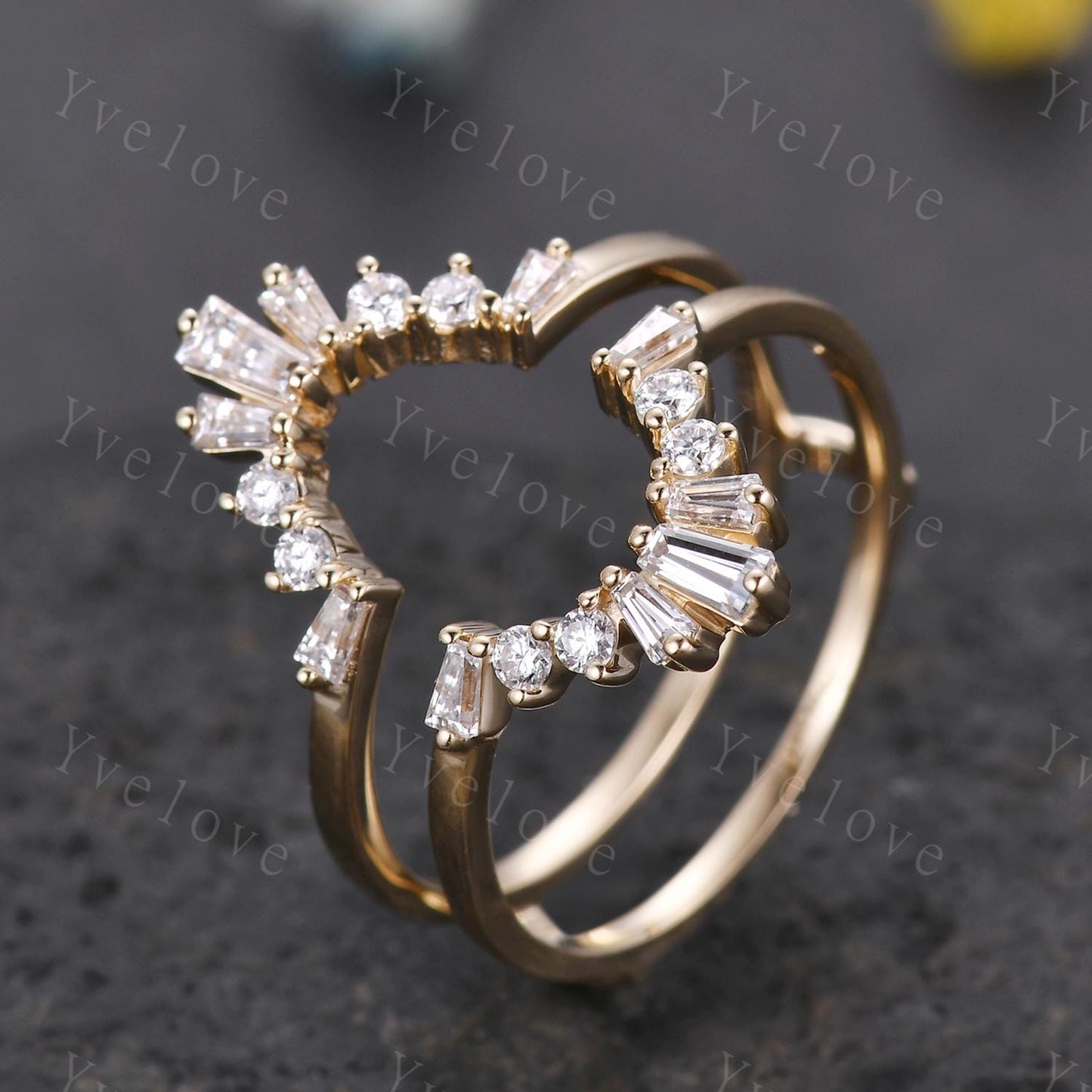 Vintage Baguette Diamond Enhancer Band Solid Gold Diamond Ring Wrap Guard Engagement Ring Jacket Enhance Wedding Ring Promise Gift For Her