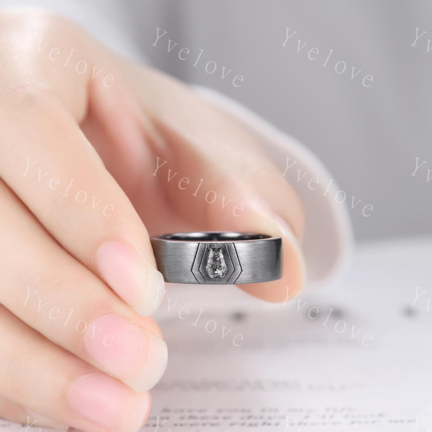 7mm Mens Coffin Cut Black Rutilate Quartz Wedding Band Black Quartz Engagement Ring Brushed Finish Band Mens Stacking Band His Wedding band