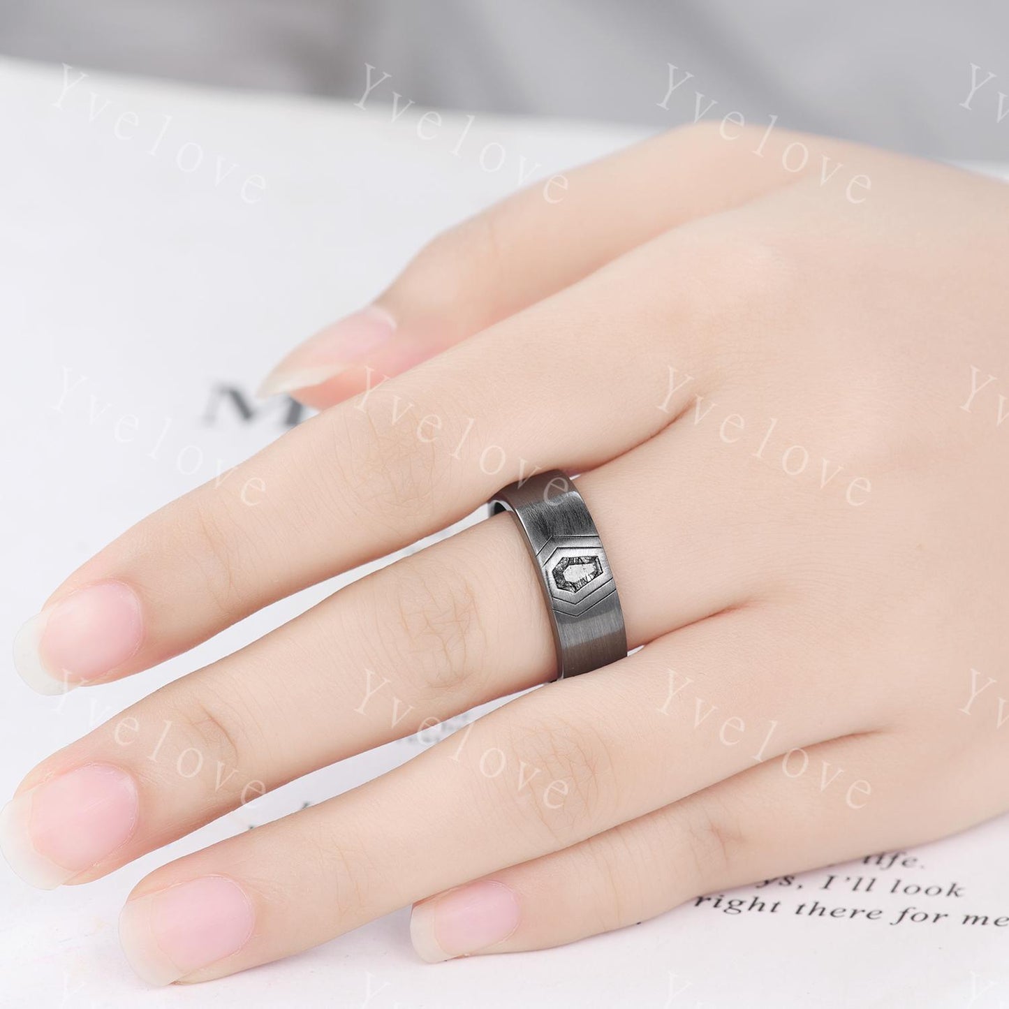 7mm Mens Coffin Cut Black Rutilate Quartz Wedding Band Black Quartz Engagement Ring Brushed Finish Band Mens Stacking Band His Wedding band