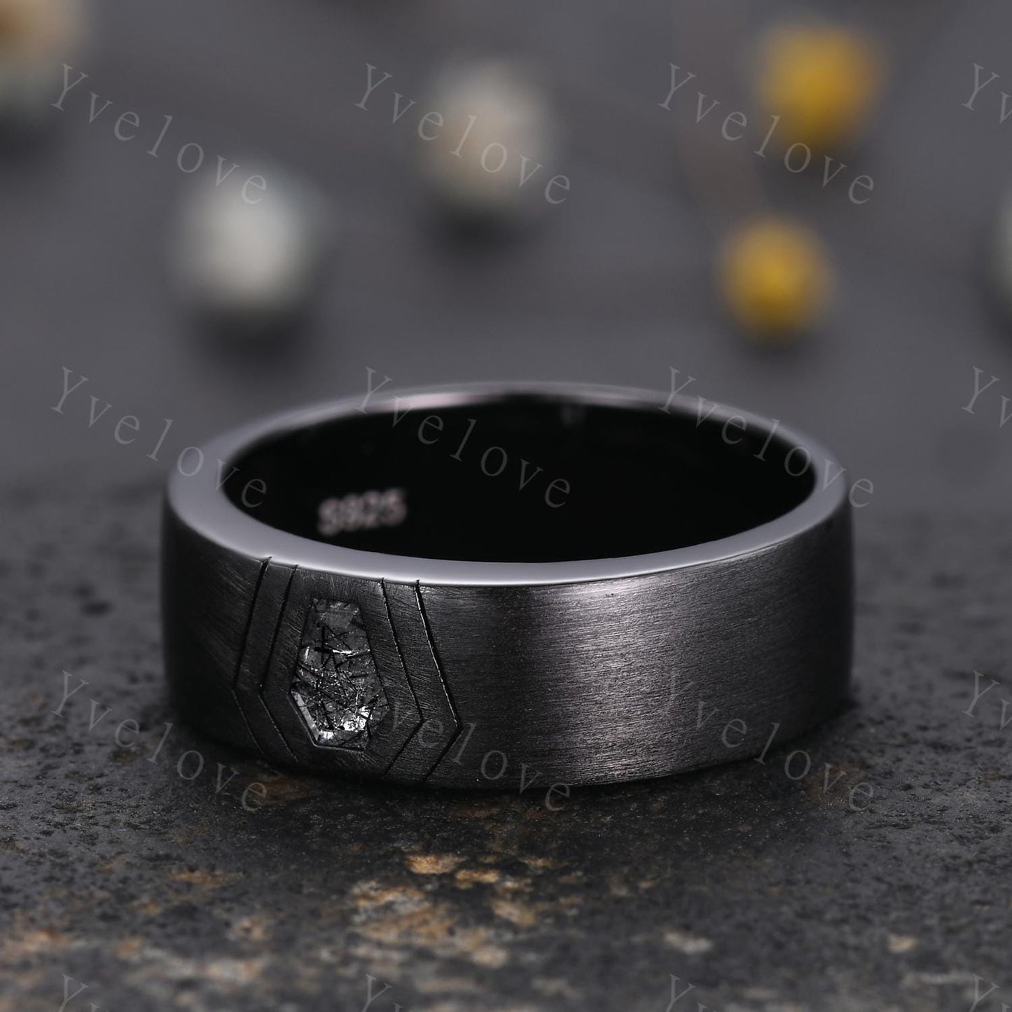 Black Gold Ring 7mm Mens Coffin Cut Black Rutilate Quartz Wedding Band Black Quartz Engagement Ring Brushed Finish Band Mens Stacking Band