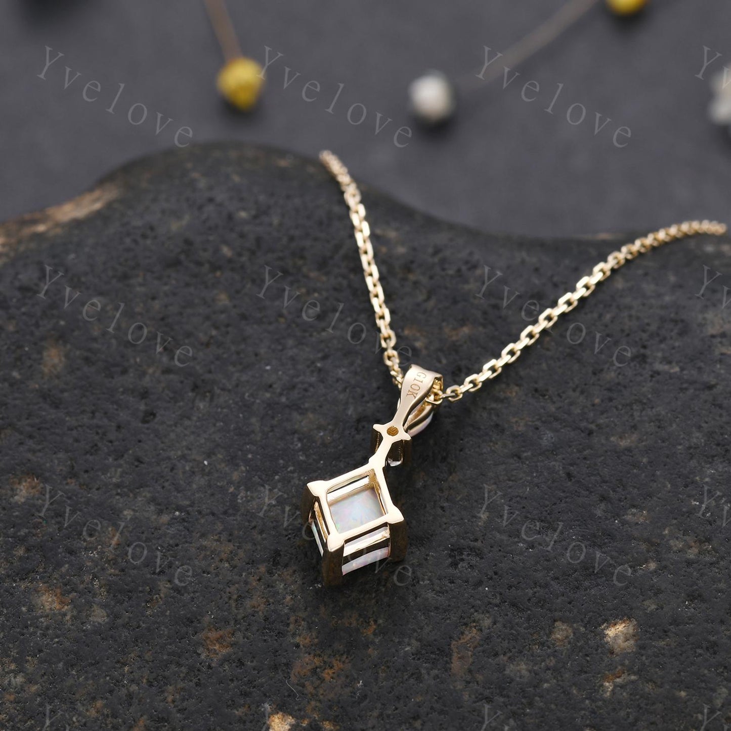 Vintage unique lozenge white opal necklace solid 14k rose gold opal diamond personalized pendant for women anniversary bridal gift for her