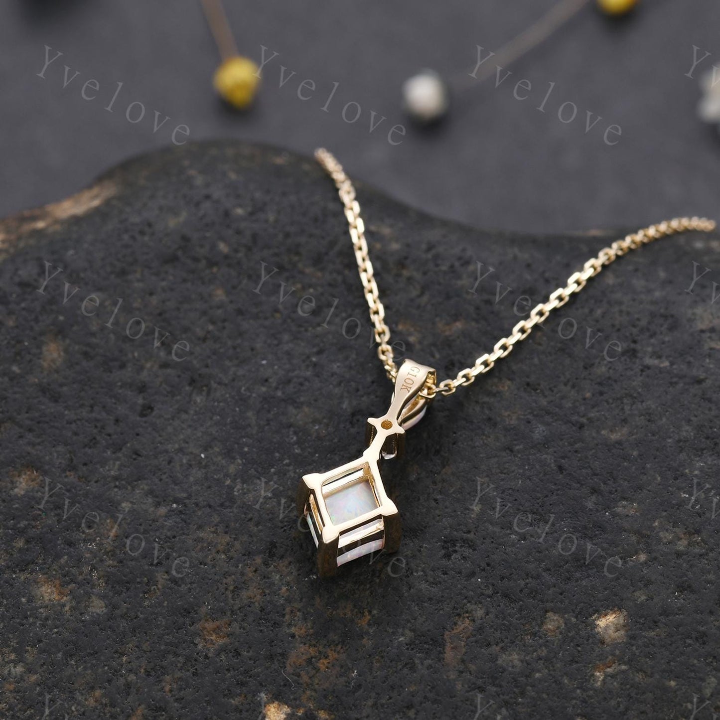 Vintage unique lozenge white opal necklace solid 10k gold opal diamond personalized pendant for women anniversary bridal gift for her