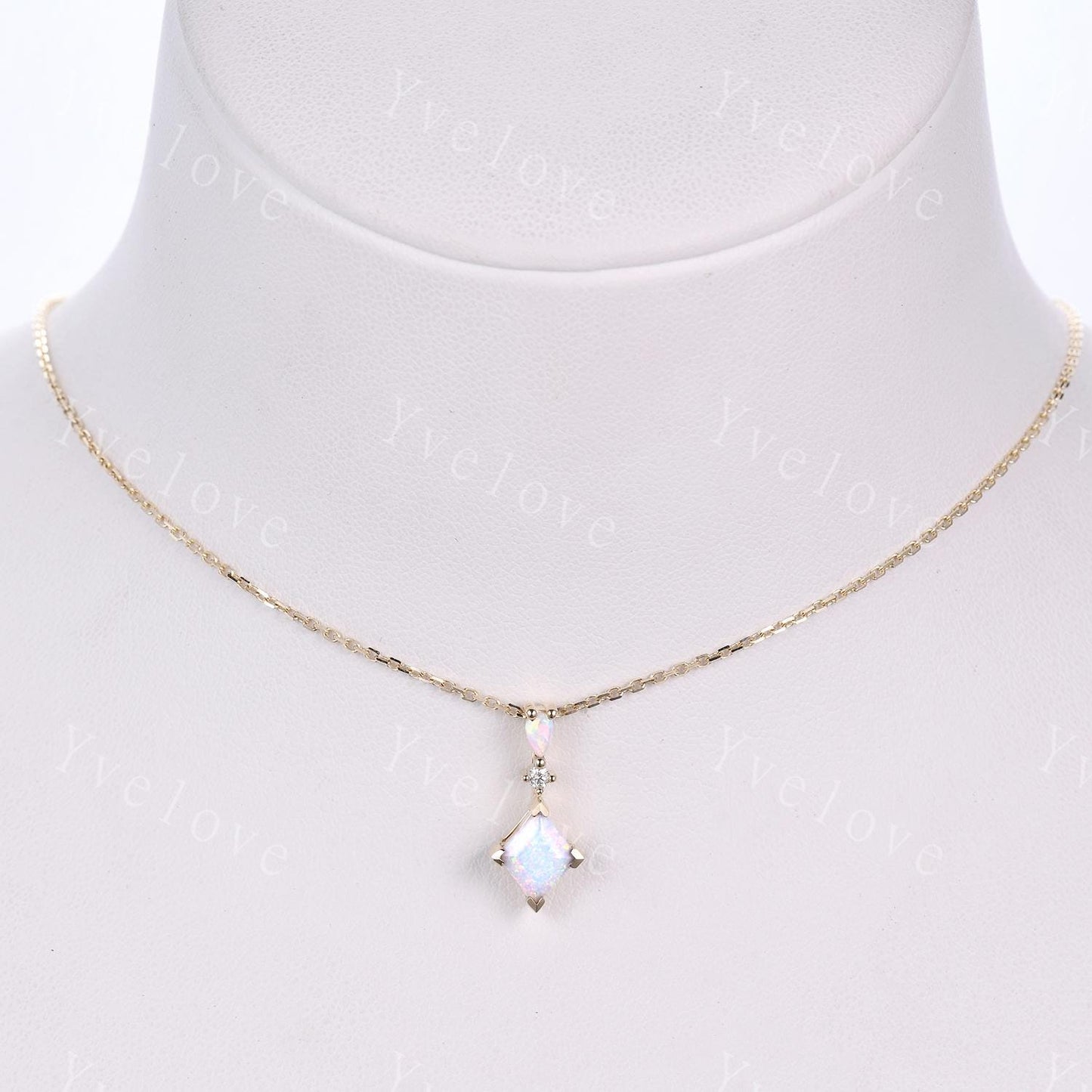 Vintage unique lozenge white opal necklace solid 14k rose gold opal diamond personalized pendant for women anniversary bridal gift for her