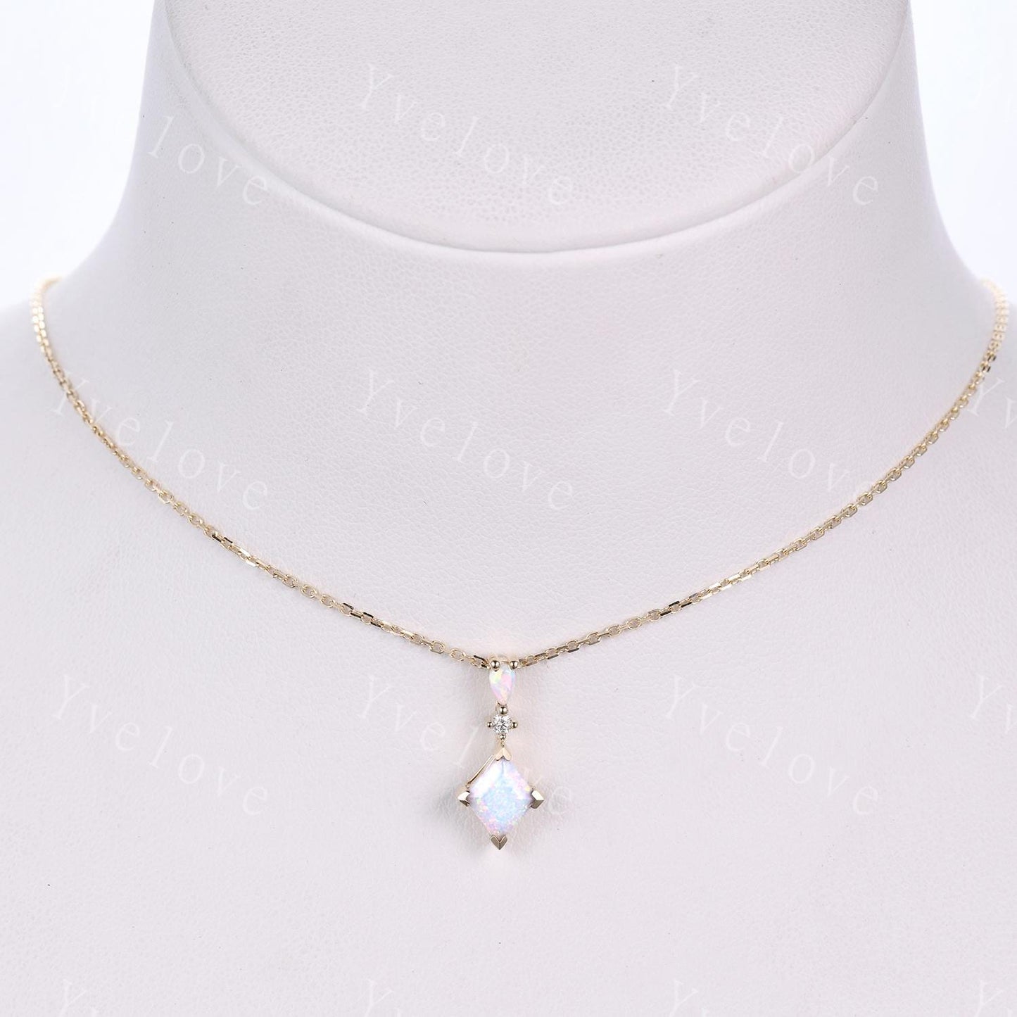 Vintage unique lozenge white opal necklace solid 10k gold opal diamond personalized pendant for women anniversary bridal gift for her