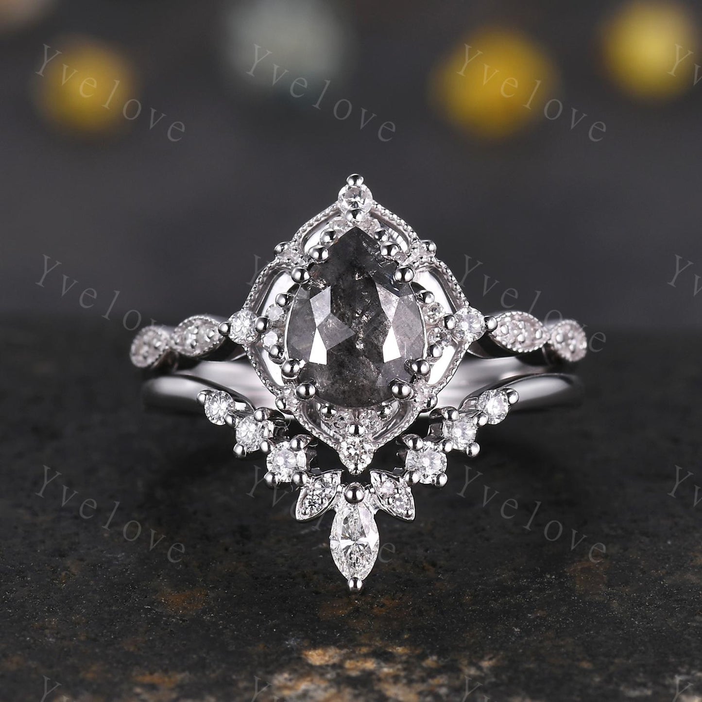 Vintage Salt and Pepper Diamond Engagement Ring,Teardrop Diamond Ring Set,14K White Ring,Unique Women Promise Ring For Her,Handmade Gift