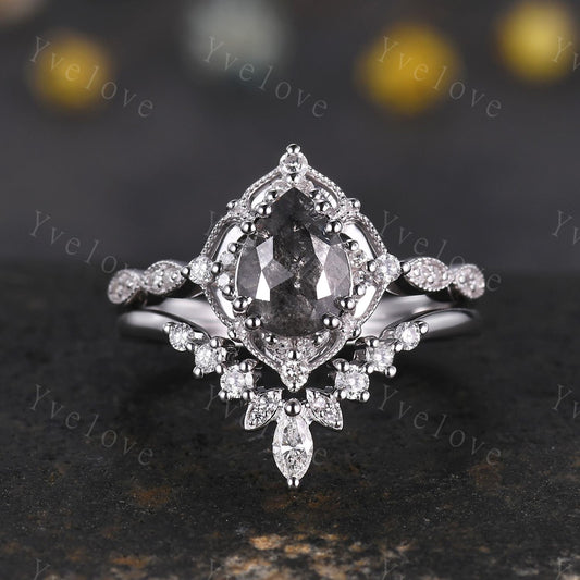 Vintage Salt and Pepper Diamond Engagement Ring,Teardrop Diamond Ring Set,14K White Ring,Unique Women Promise Ring For Her,Handmade Gift