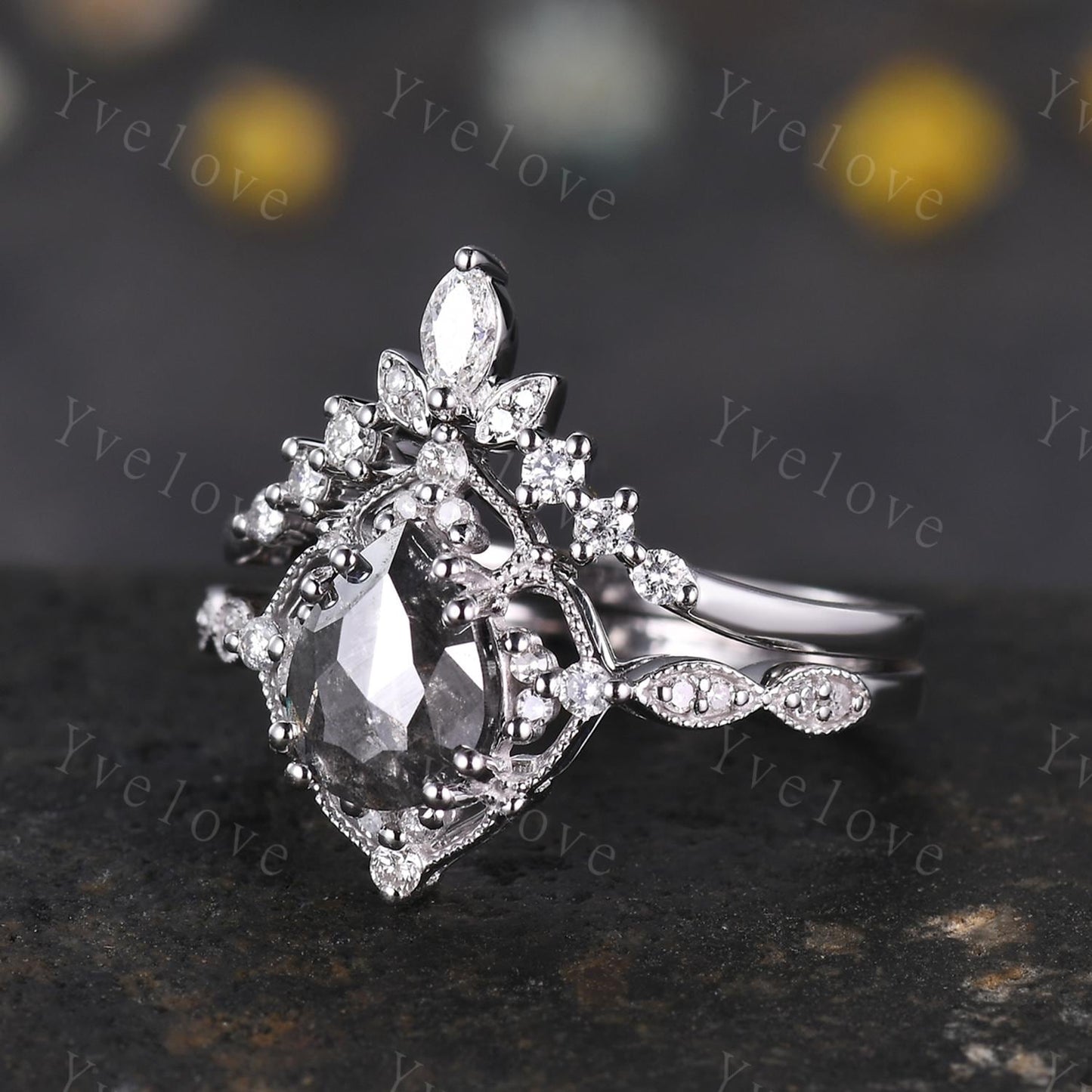 Vintage Salt and Pepper Diamond Engagement Ring,Teardrop Diamond Ring Set,14K White Ring,Unique Women Promise Ring For Her,Handmade Gift