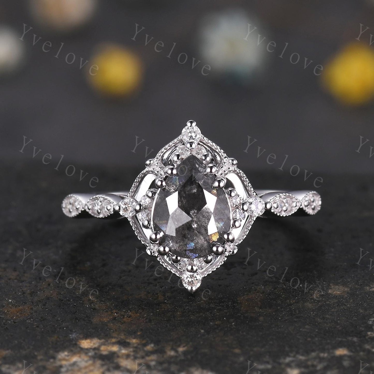 Vintage Salt and Pepper Diamond Engagement Ring,Teardrop Diamond Ring Set,14K White Ring,Unique Women Promise Ring For Her,Handmade Gift